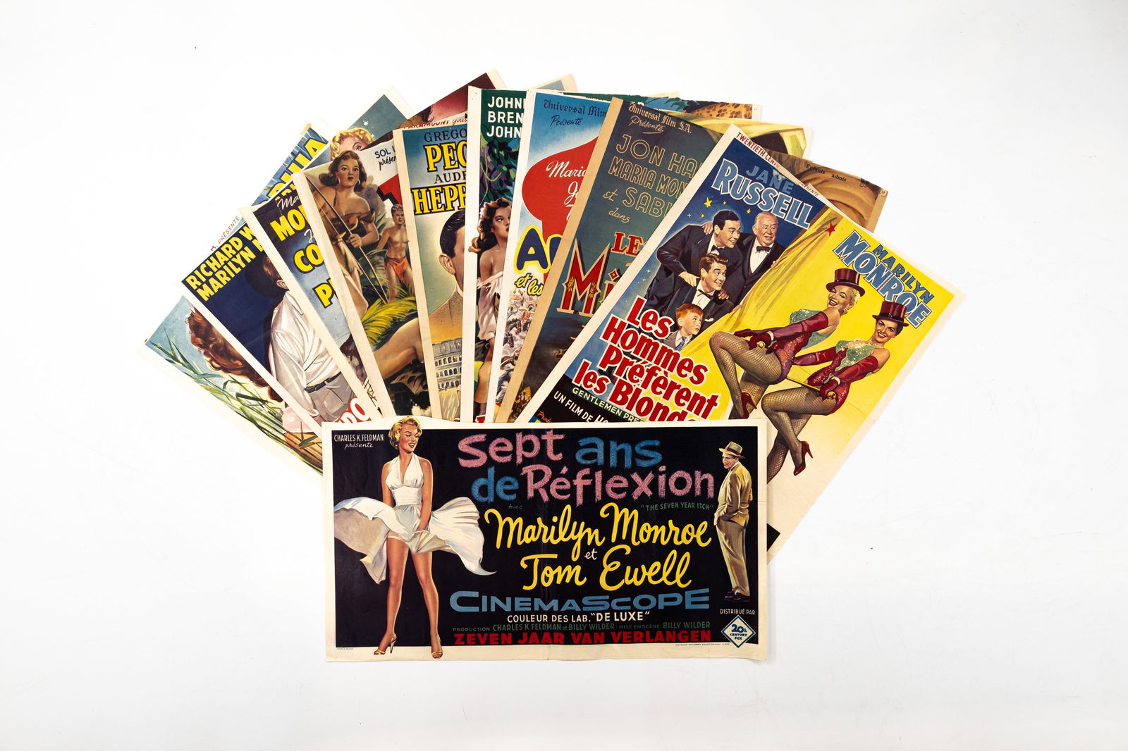 A lot of 10 original Belgian vintage movie theater posters for American movies: A lot of 10 original Belgian vintage movie theater posters for American movies, starring, among others, Marilyn Monroe in "Gentlemen prefer blondes", Johnny Weismuller in "Tarzan", Sop
