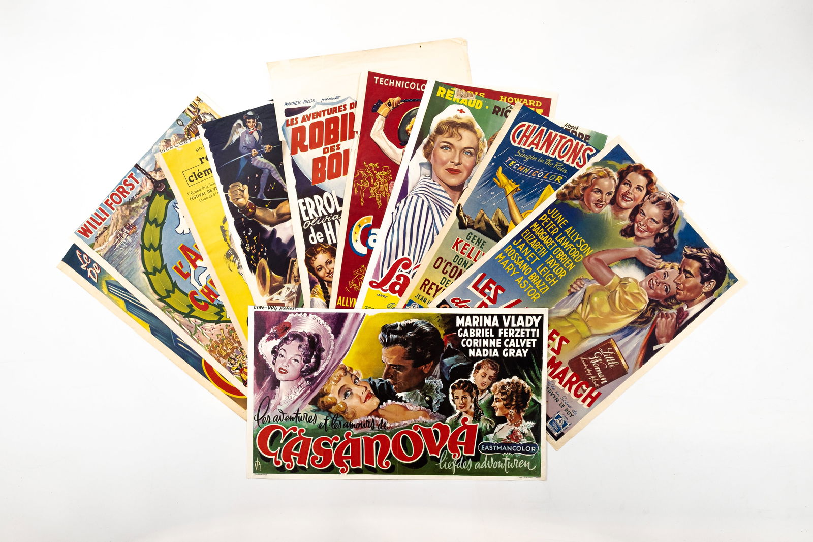 A lot of 10 original Belgian vintage movie theater posters, featuring various themes and styles (1 of 3)