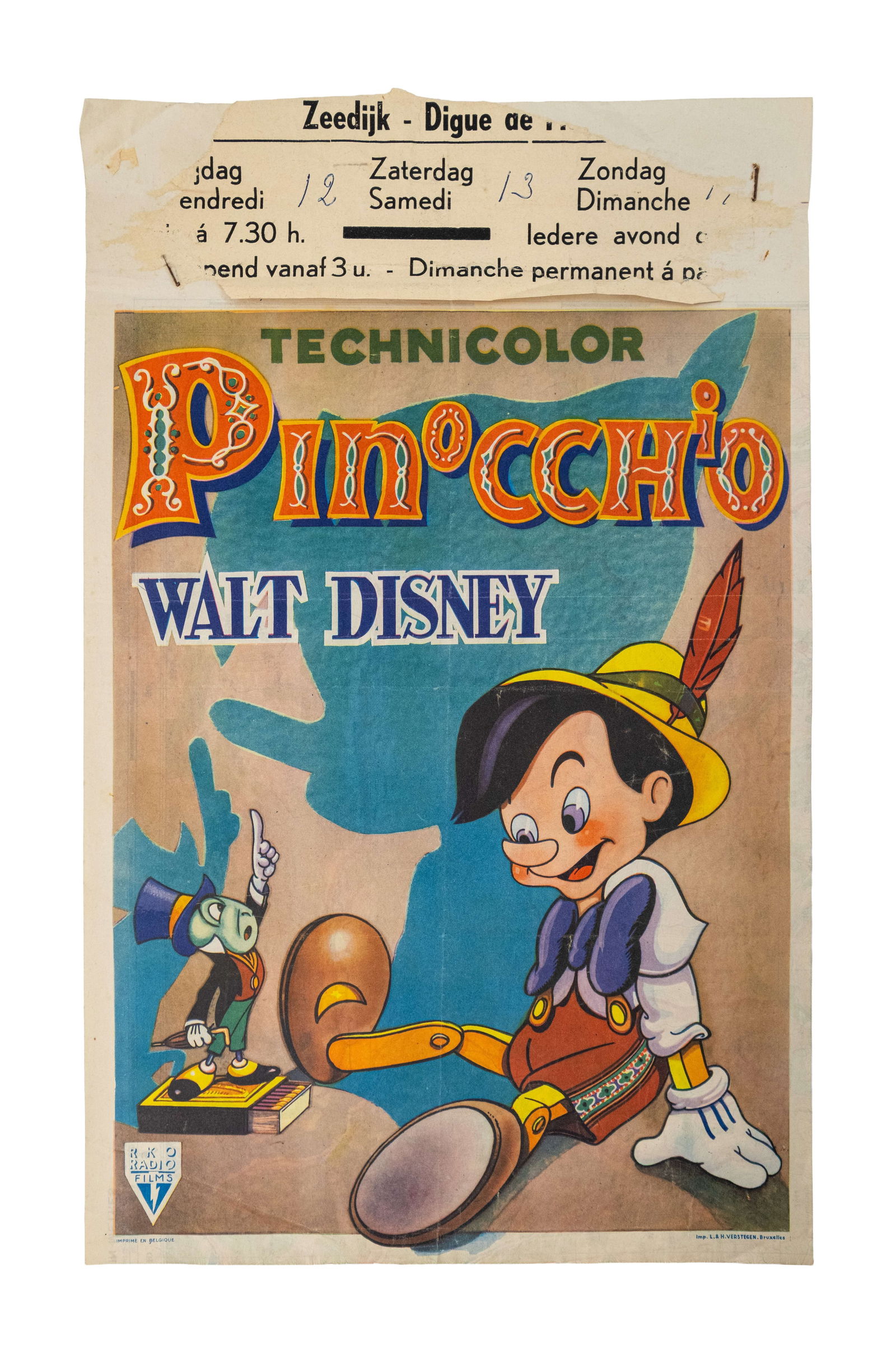 An original Belgian vintage movie theater poster for Disney movie "Pinocchio" (1 of 4)
