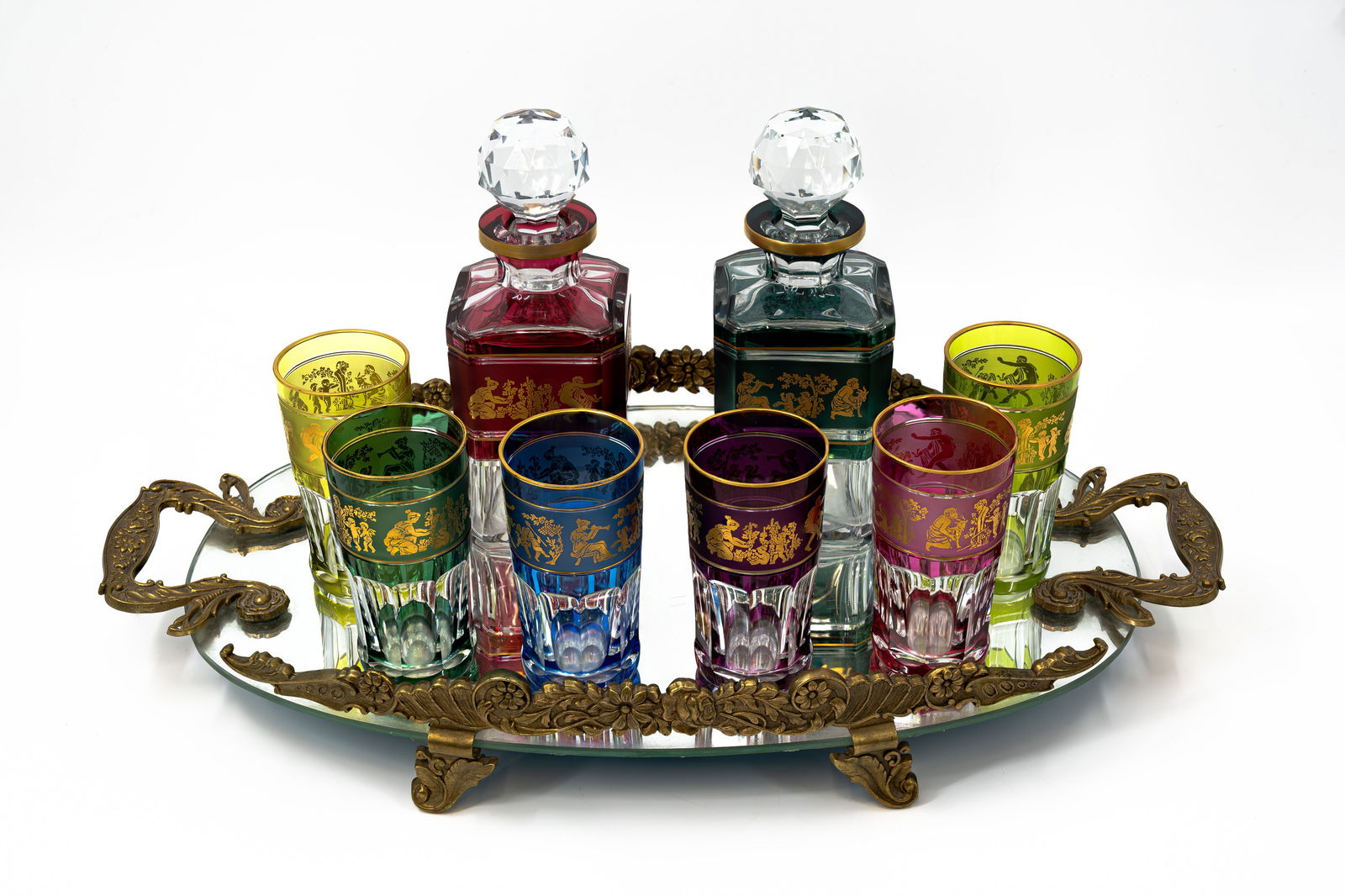A Val Saint Lambert gilt decorated and colored cut crystal drinking set (1 of 19)
