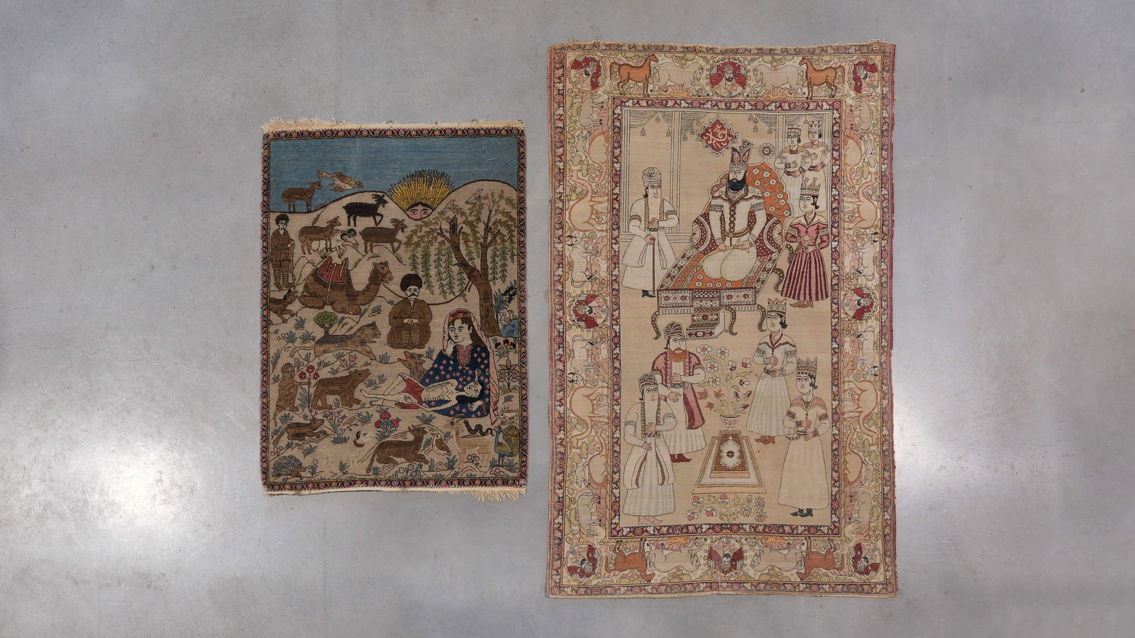 A lot of two antique Persian wool pictorial rugs with court and pastoral scenes (1 of 12)