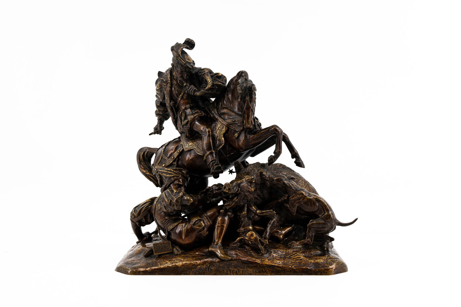 Théodore GECHTER (1796-1844) A large and antique French patinated bronze sculpture group: Théodore GECHTER (1796-1844) A large and antique French patinated bronze sculpture figural group depicting the hunt. Signed, 19th century. H: 46,5 - W: 44 cm