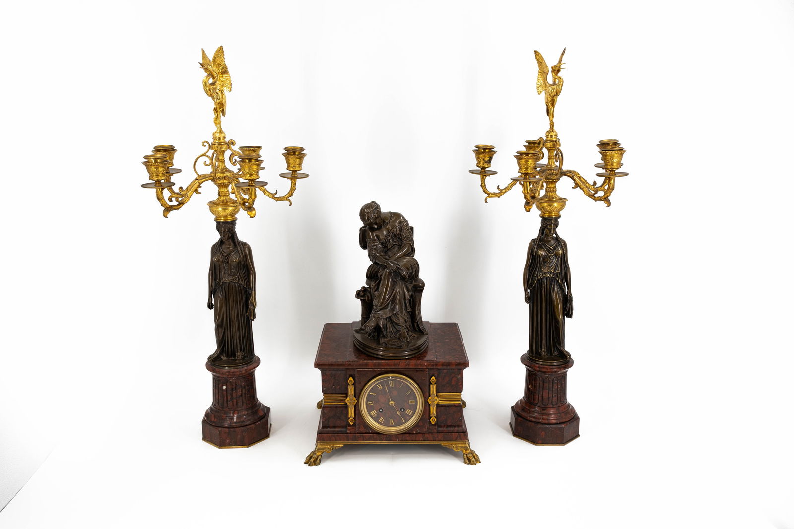 A French antique Louis XVI style gilt and figural patinated bronze and marble mantel clock set (1 of 20)