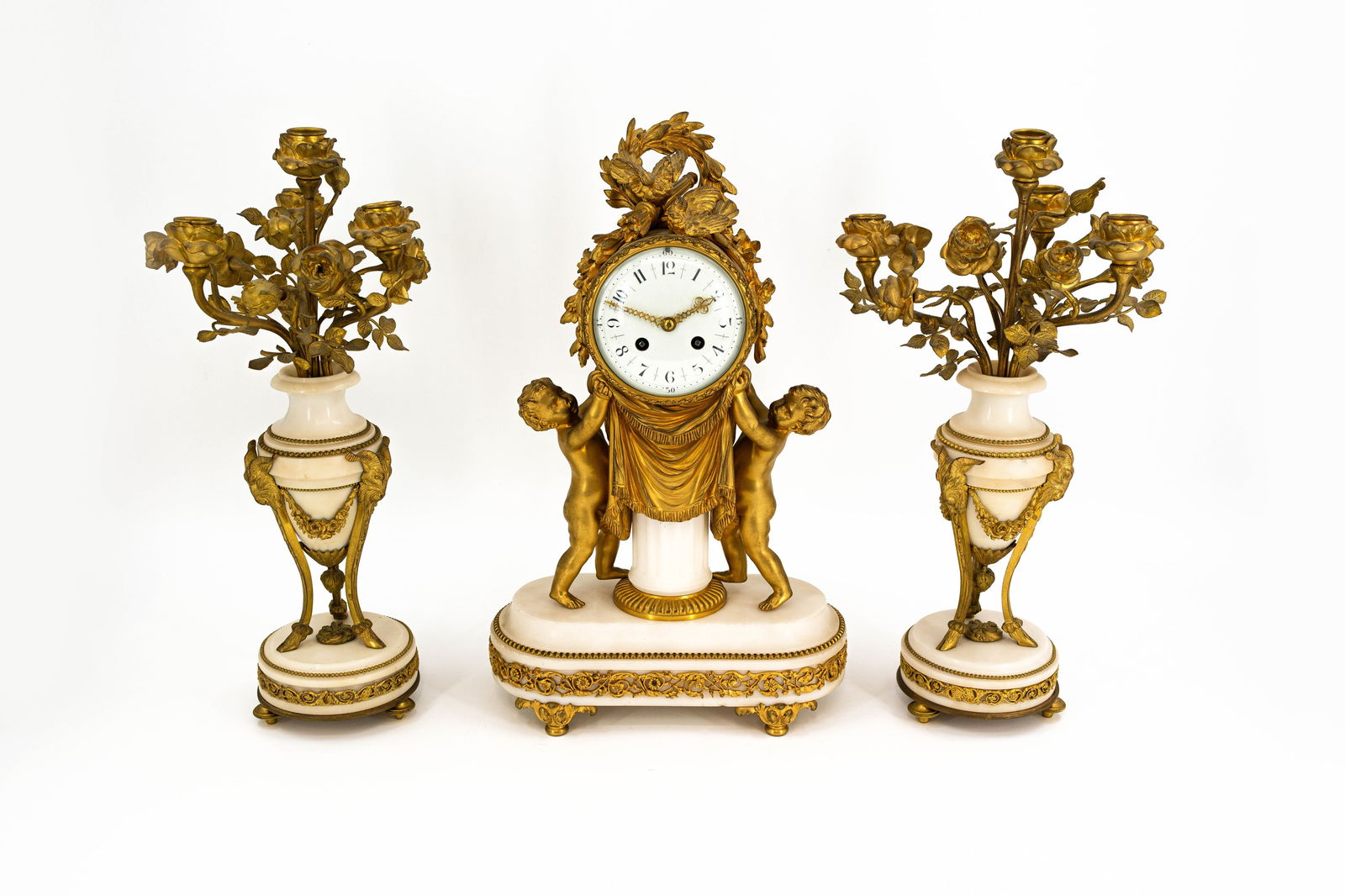 A French antique Louis XV style finely decorated gilt bronze and marble mantel clock set (1 of 16)