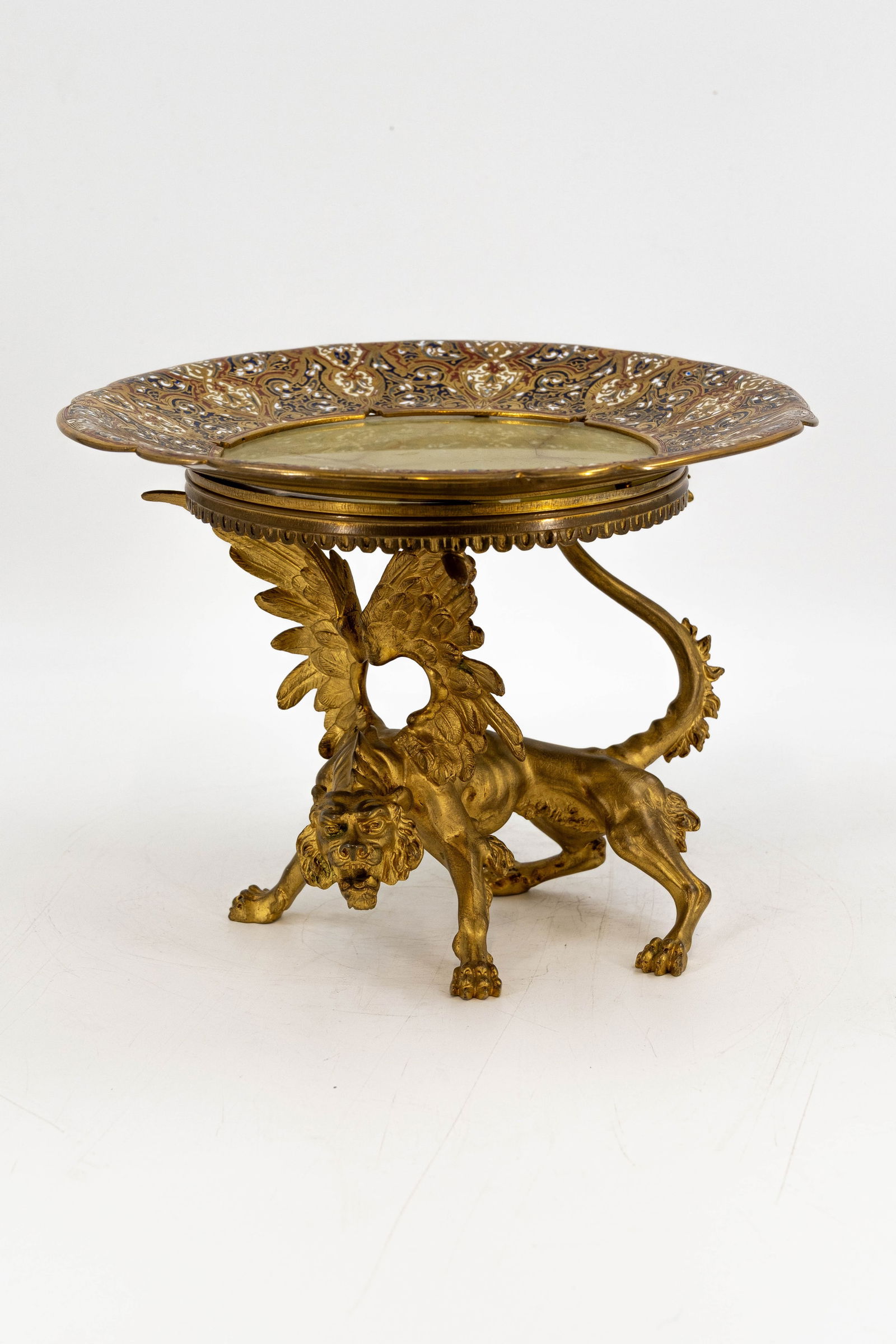 An antique figural gilt bronze and enamel tazza mounted with onyx marble and a dragon figure (1 of 8)