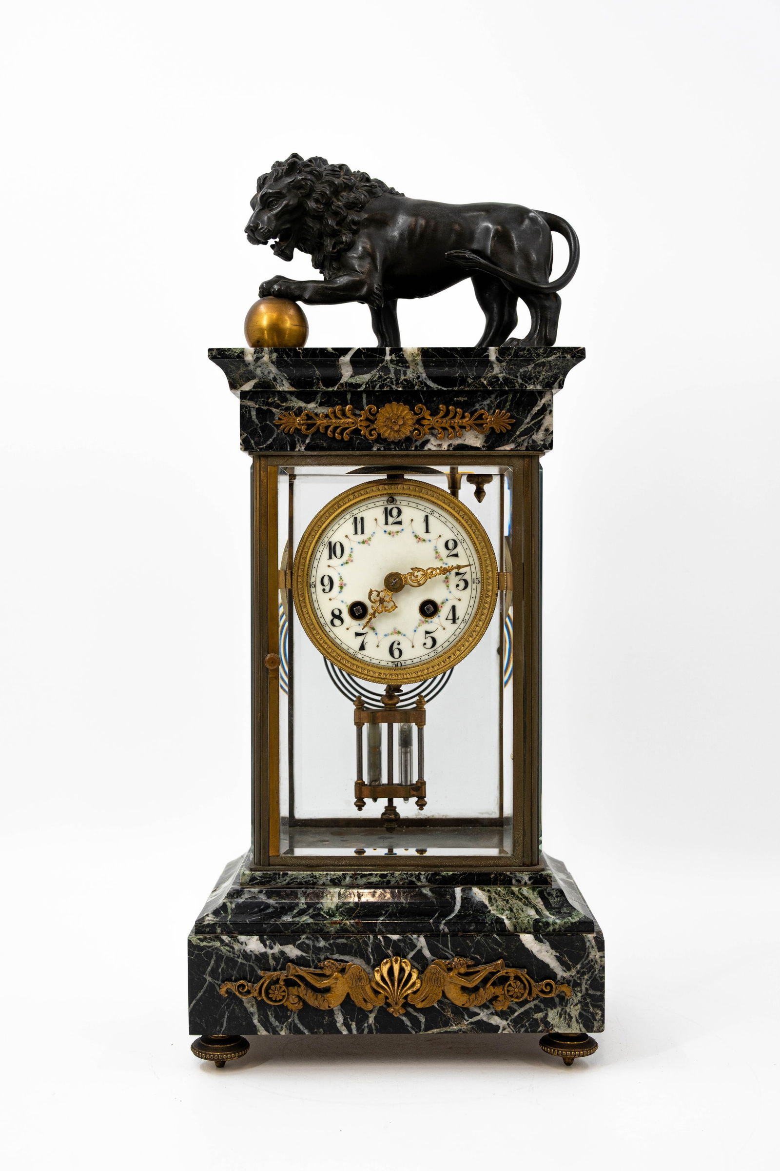 A French green marble and glass Empire style mantel clock with gilt and patinated bronze lion figure (1 of 13)