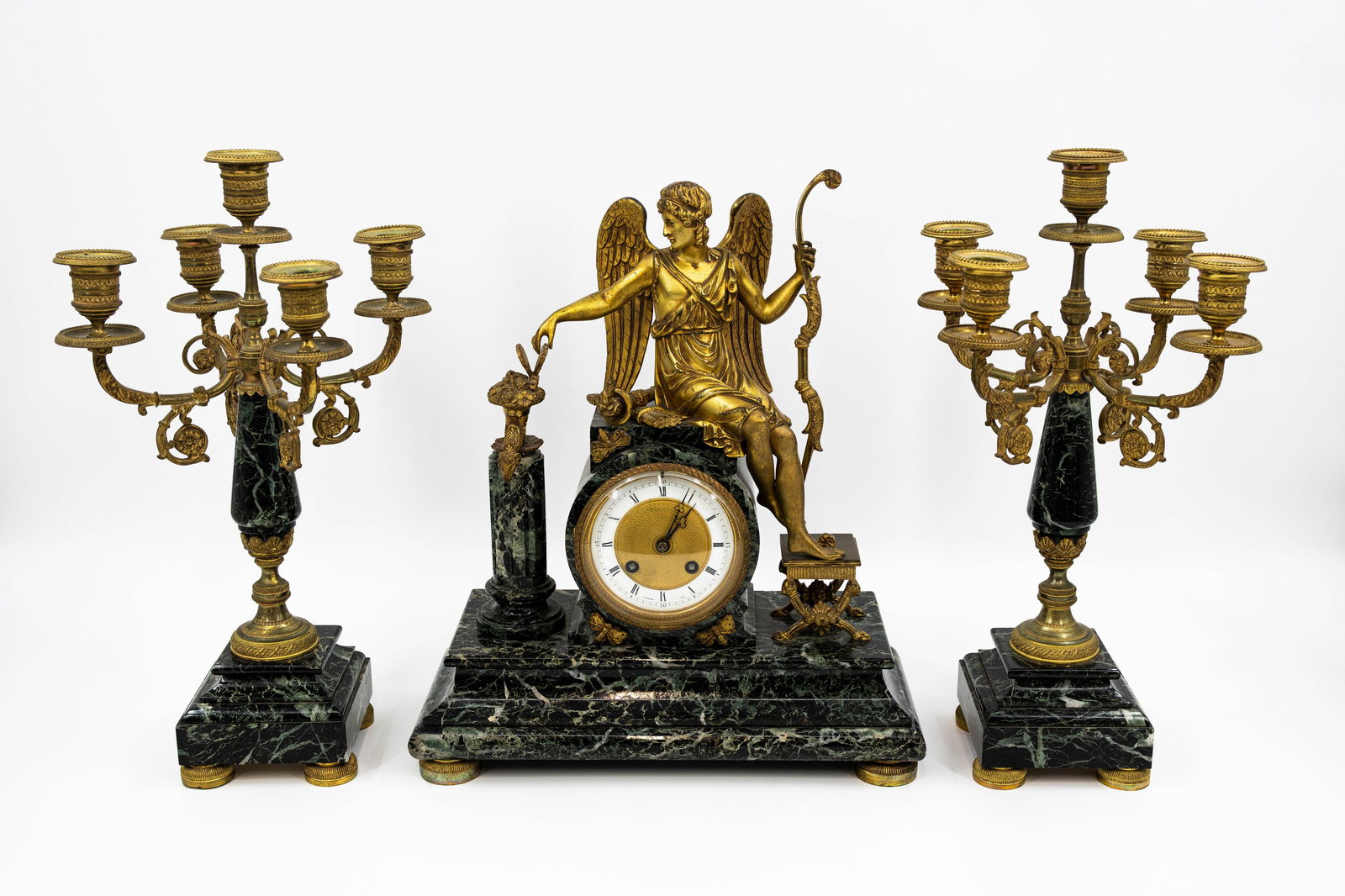 A French antique Empire style figural gilt bronze and green marble mantel clock set (1 of 20)