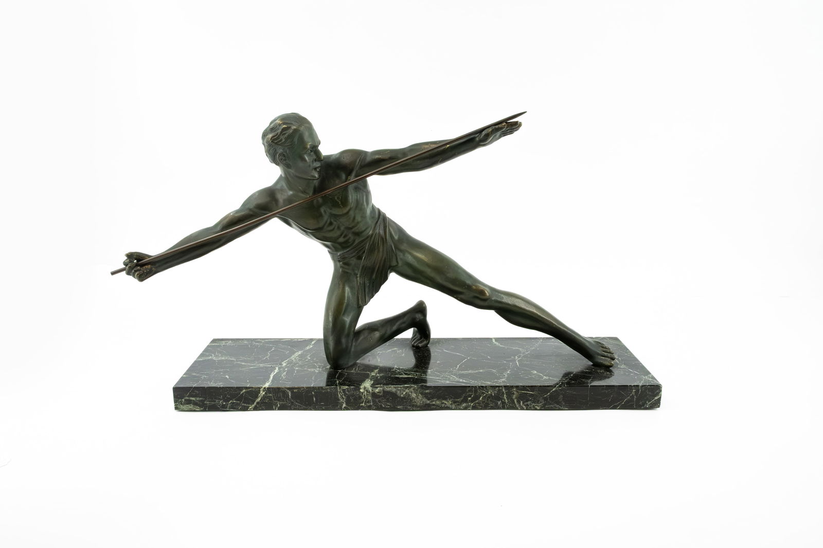 An Art deco patinated bronze sculpture of a spear throwing man signed by Secondo (1 of 13)