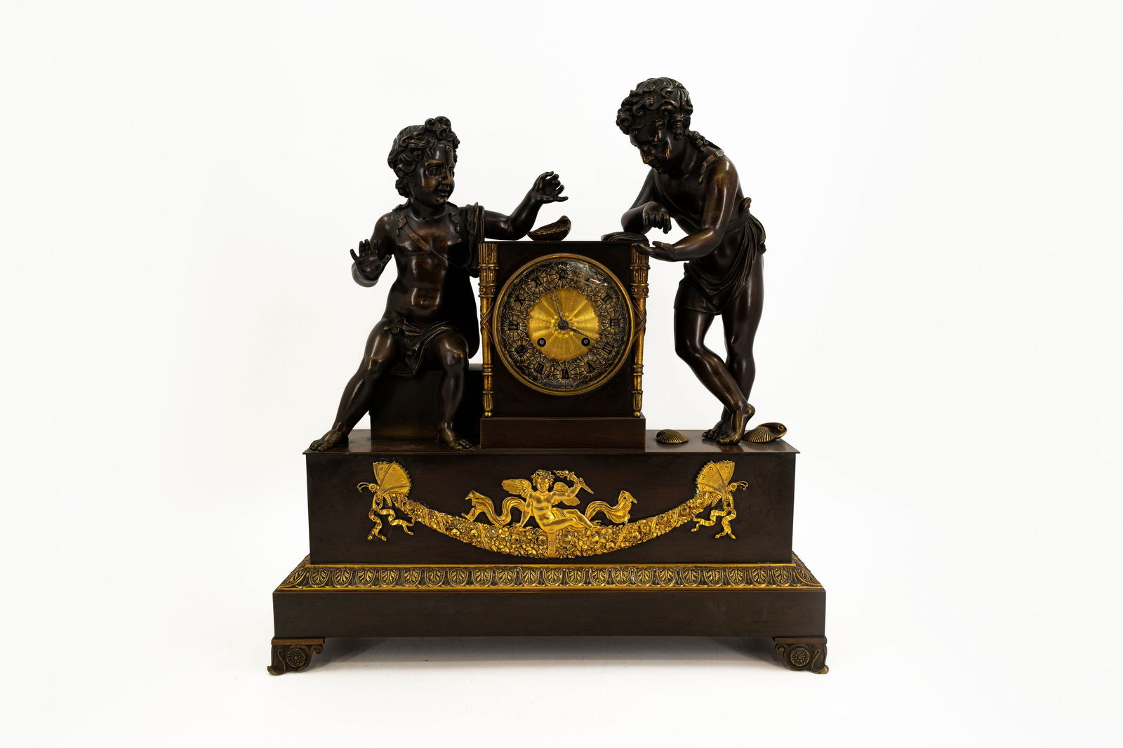 A large and antique French gilt and patinated bronze Empire decorated figural mantel clock (1 of 18)