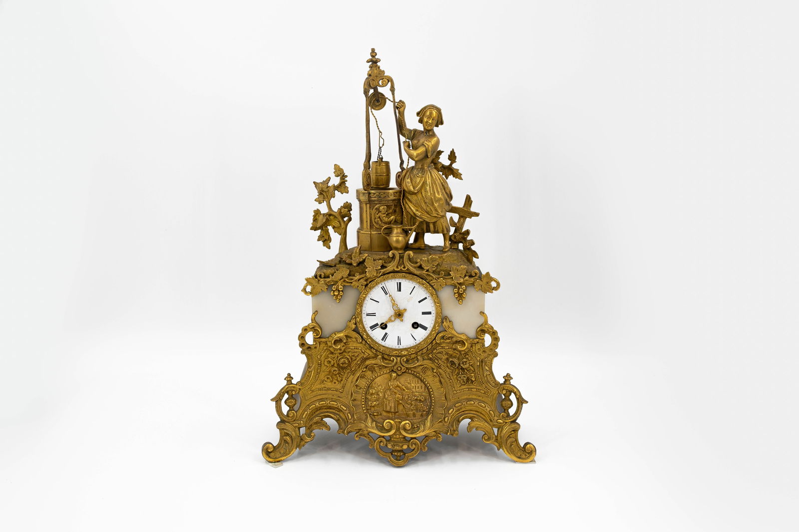 An antique French gilt bronze figural mantel clock with alabaster marble mounted plaques (1 of 15)