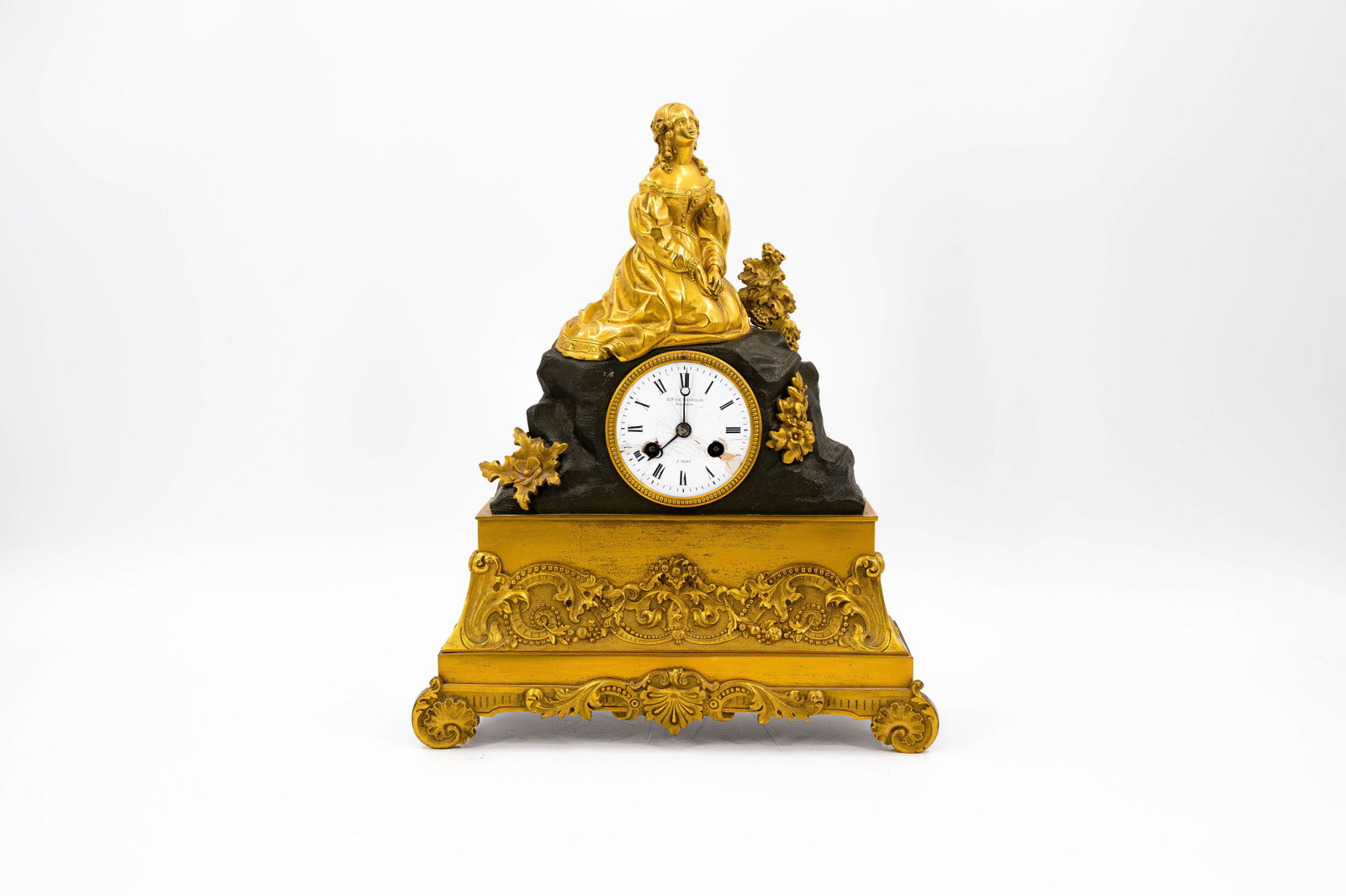 An antique French gilt bronze figural mantel clock with a figure of a lady on top (1 of 10)