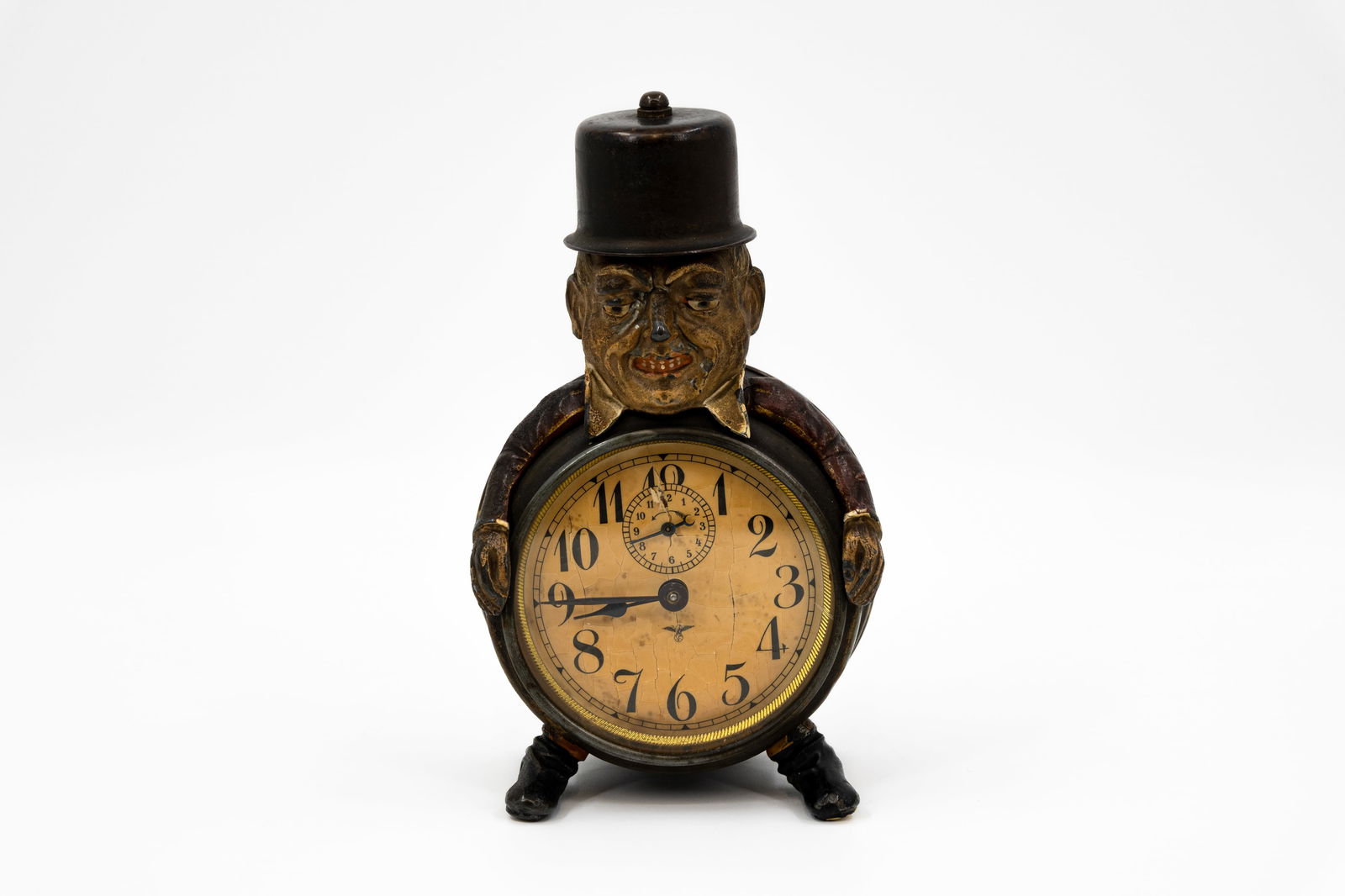A rare and antique cold painted brass figural "John Bull" alarm clock manufactured by Friederich (1 of 8)