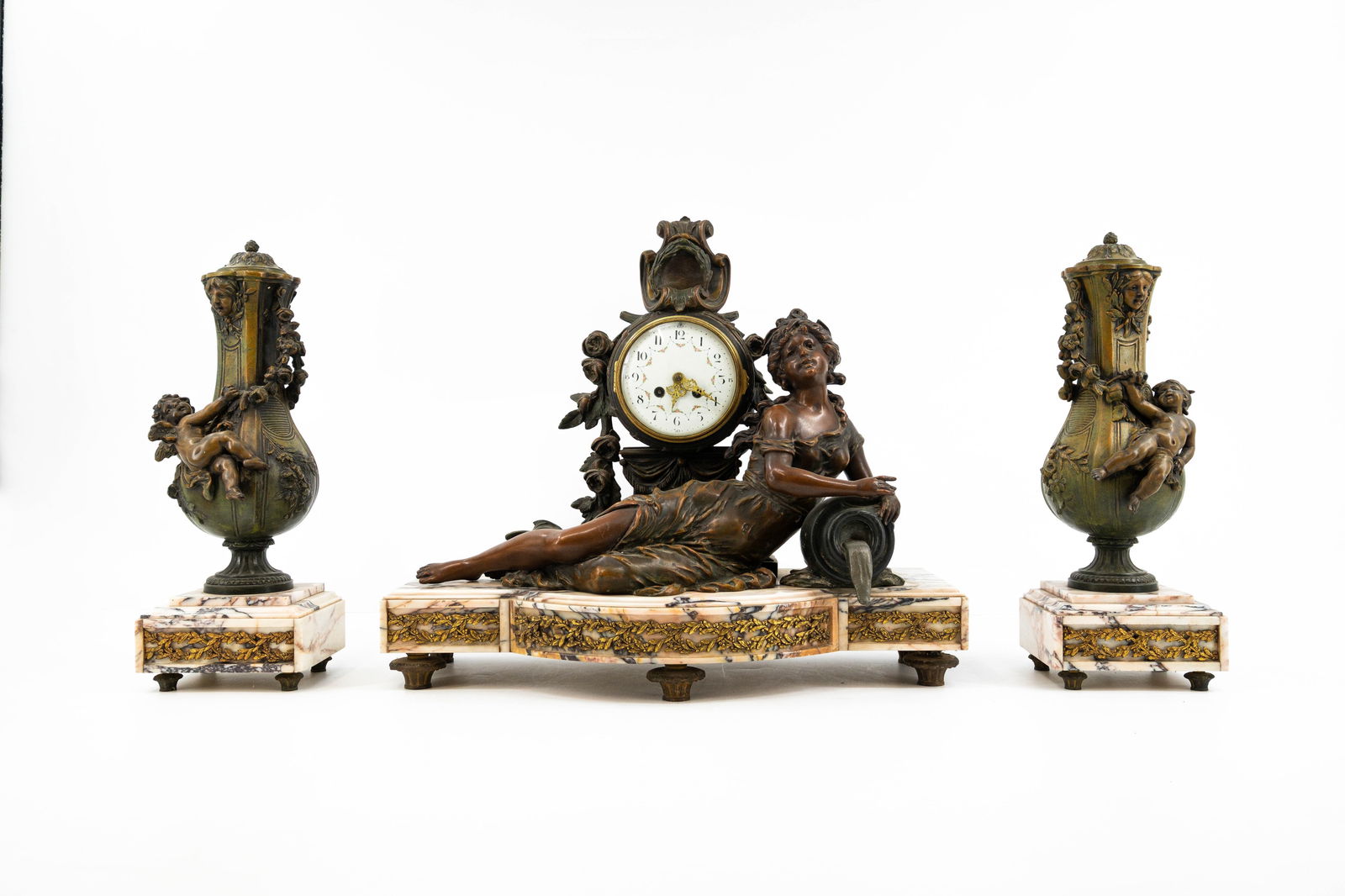 A French antique figural patinated spelter and marble mounted mantel clock set (1 of 10)