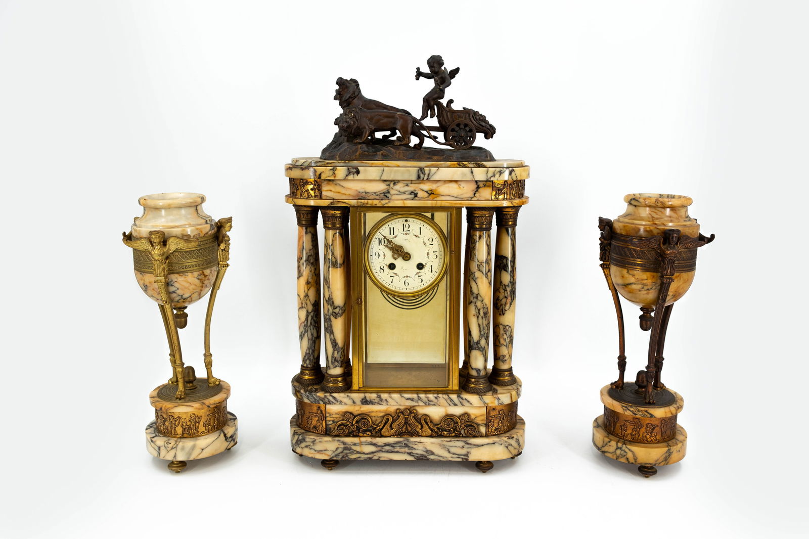 An antique French marble and glass figural mantel clock with patinated bronze mounting and group (1 of 16)