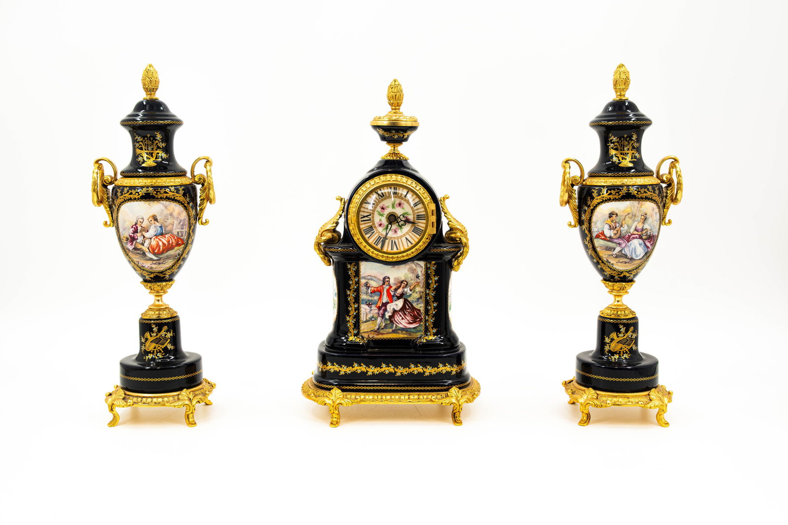 A 20th century ACF Limoges style brass mounted porcelain three piece mantel clock set (1 of 13)