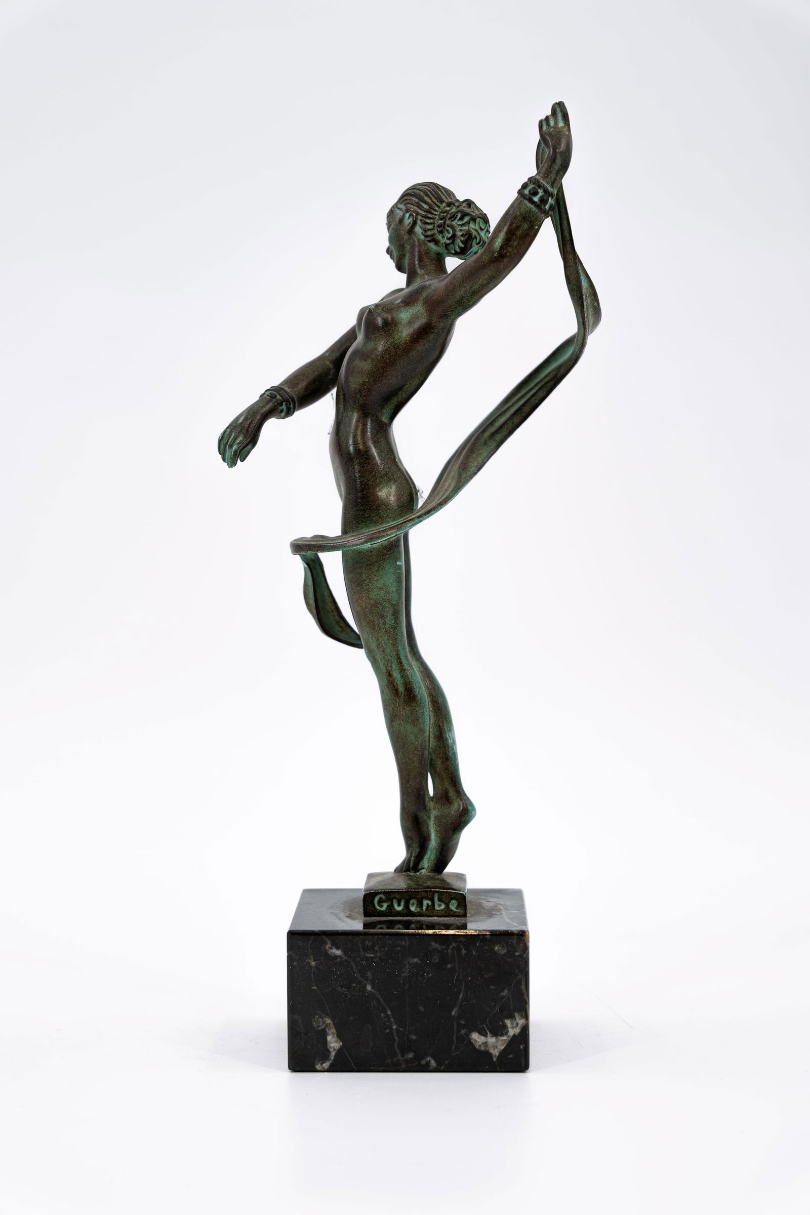 Guerbe for Max LE VERRIER (1891-1973) "Sylphide". An art deco patinated spelter figure of a dancer: Guerbe for Max LE VERRIER (1891-1973) "Sylphide". An art deco patinated spelter sculpture of a nude dancer. Signed by Guerbe (Pierre Le Faguays) and cast Max le Verrier. Mounted on a black m
