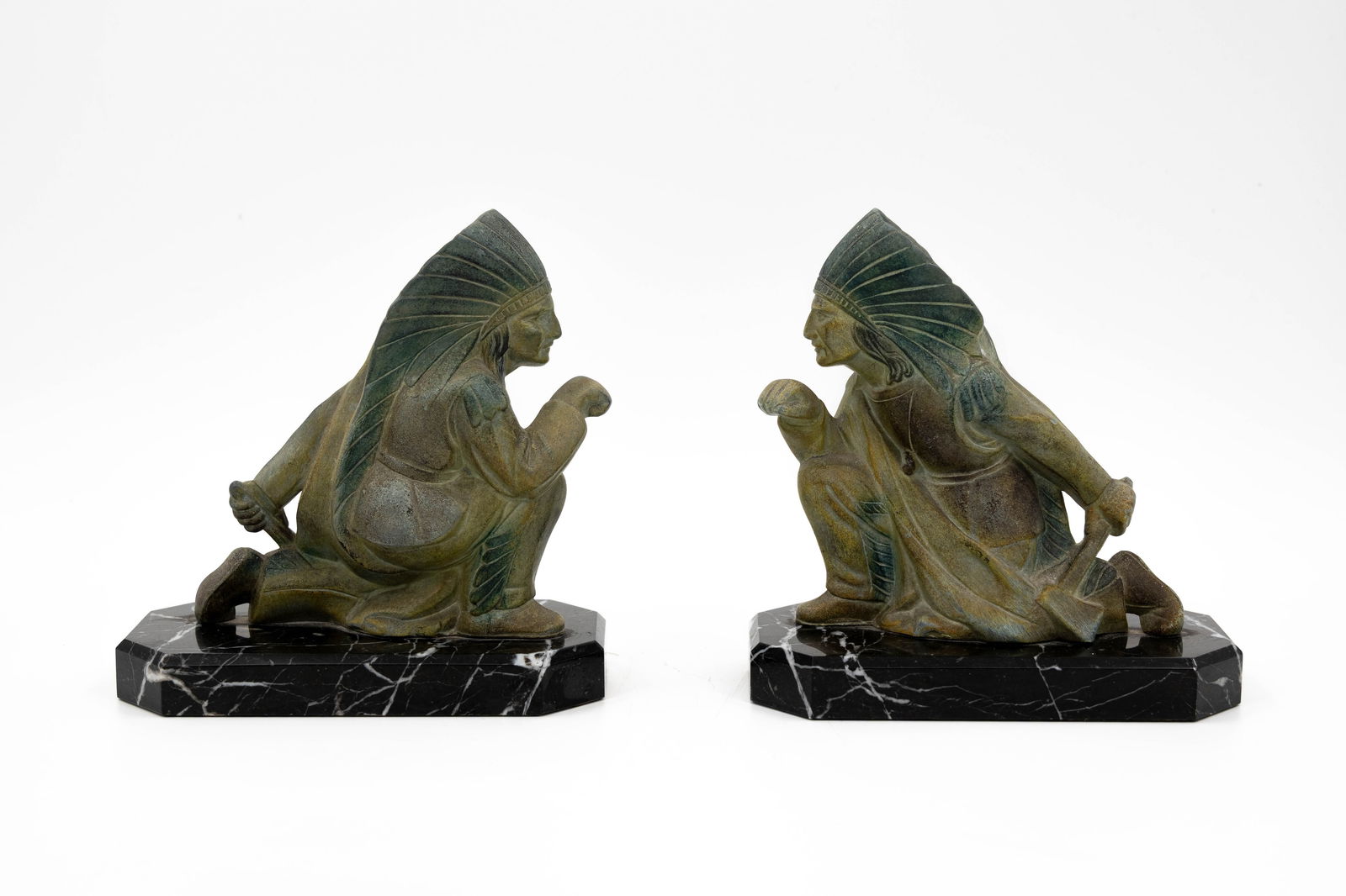 A pair of French art deco patinated spelter figural bookends of native Americans (1 of 10)