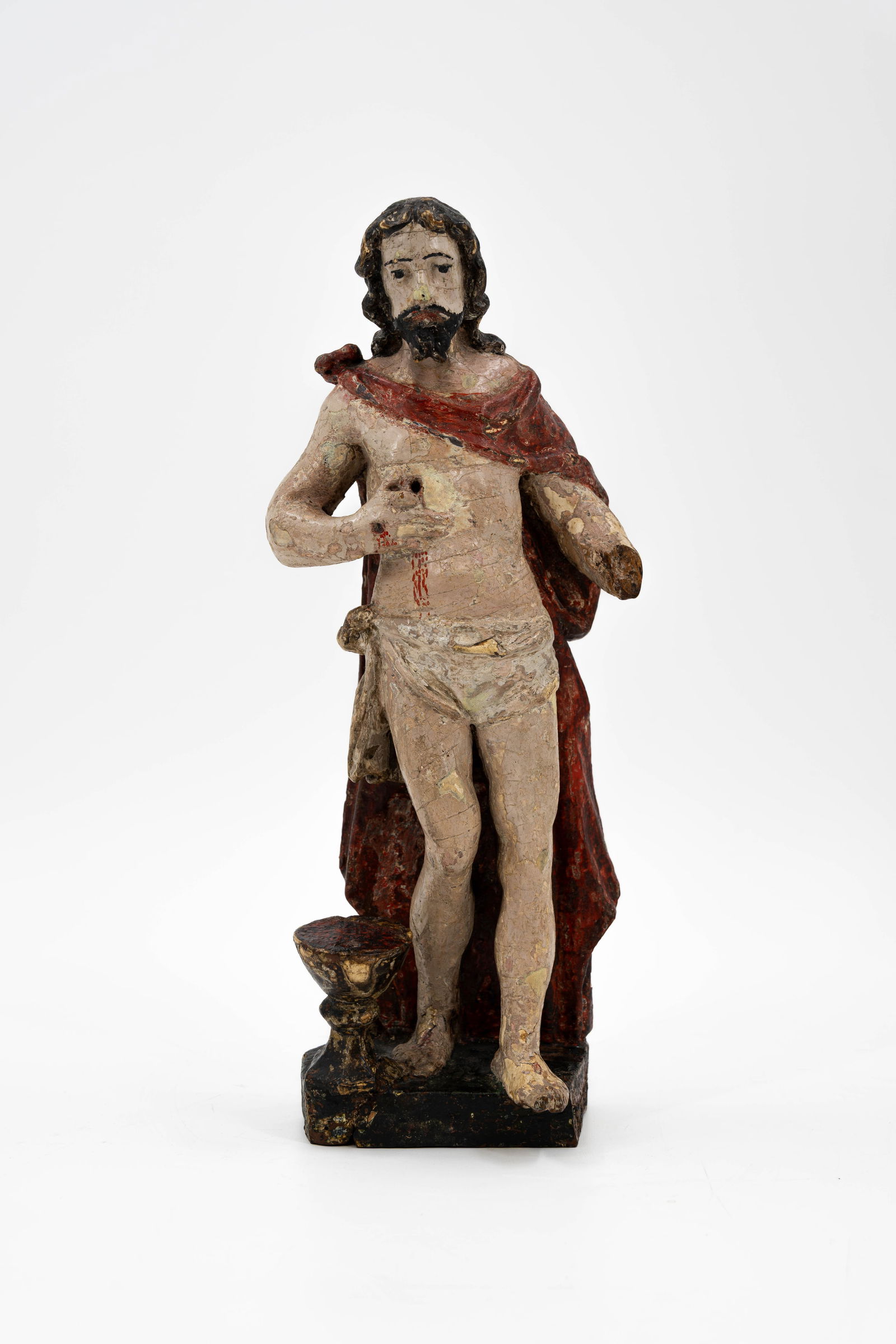 An antique religious polychrome patinated carved wood sculpture of standing Christ (1 of 9)