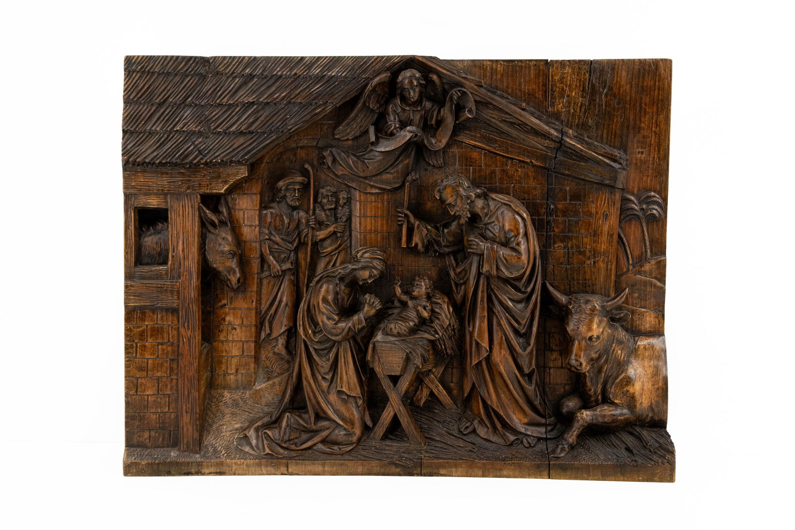 An antique religious carved oak wood bas-relief wall plaque (1 of 10)