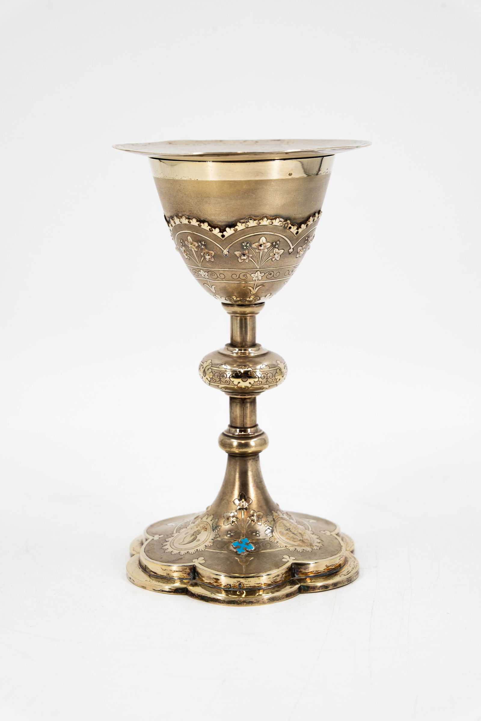 An antique religious decorated silver and enamel chalice and pateen (1 of 14)