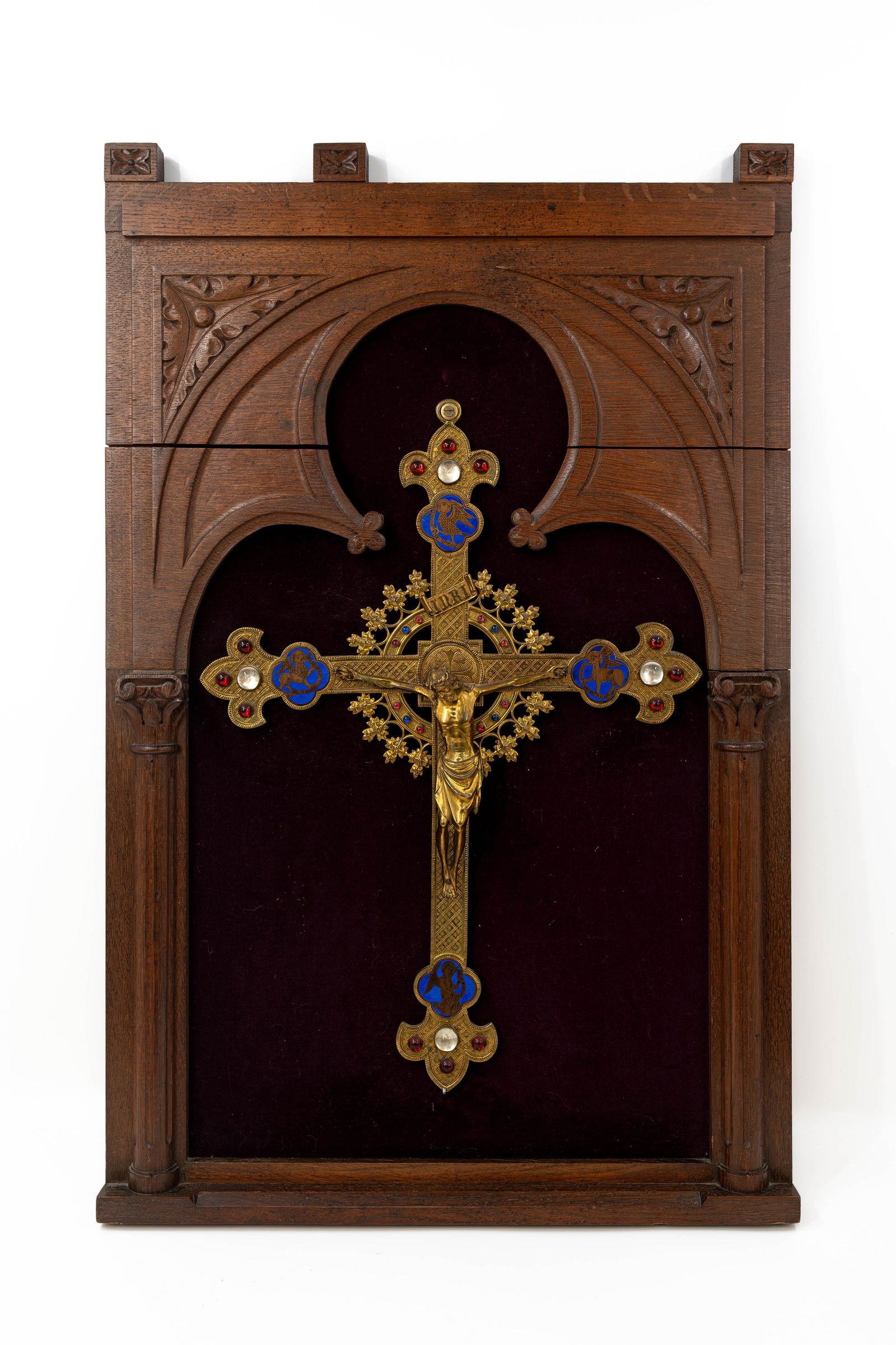 A large gothic style gilt brass and champlevé enamel decorated cross (1 of 9)