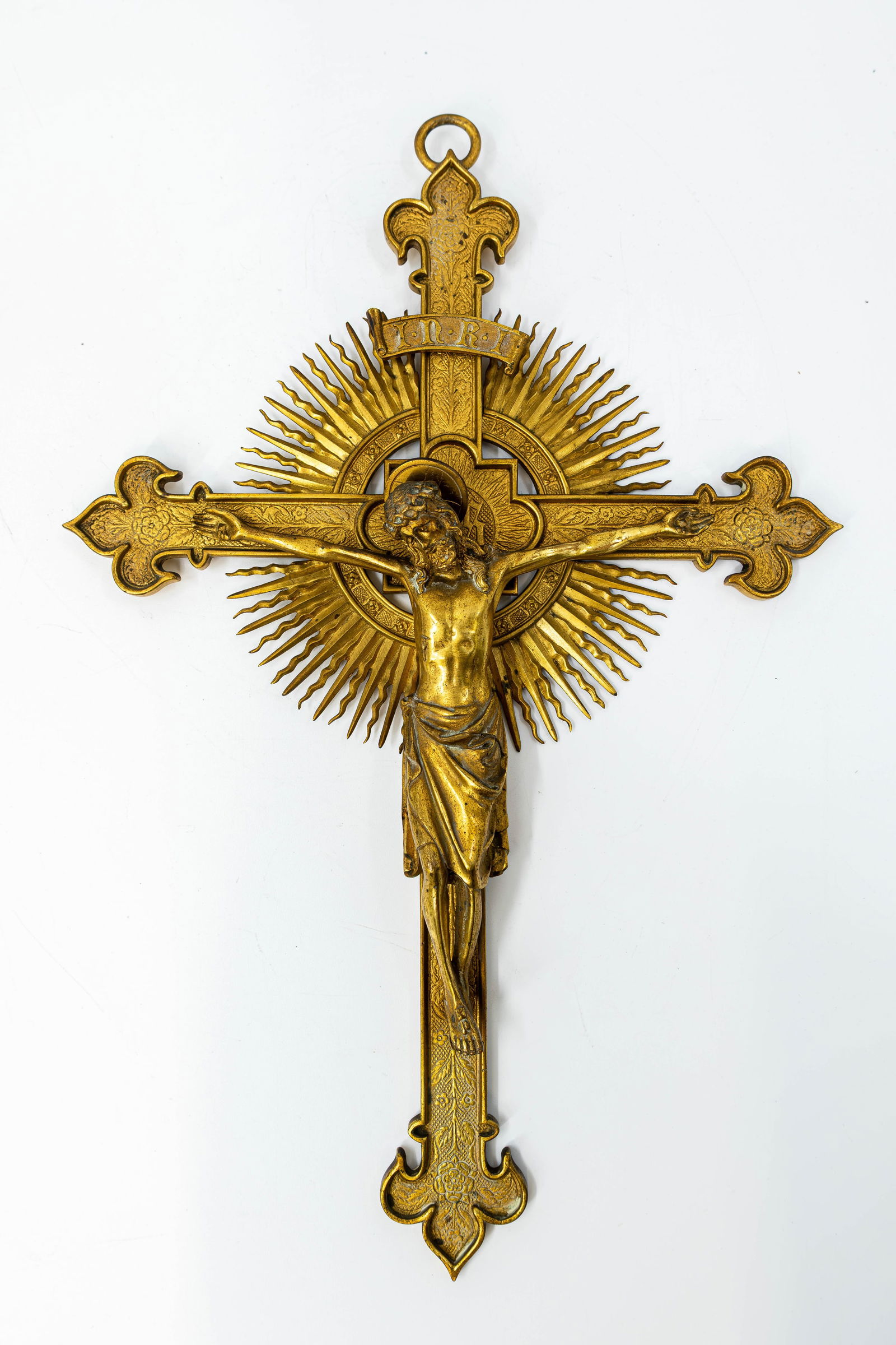 A religious gothic finely decorated gilt brass crucifix (1 of 9)
