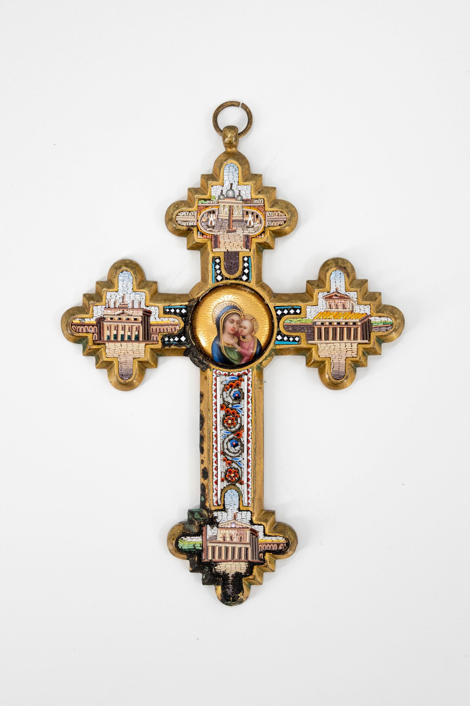 An Italian Grand Tour souvenir brass cross with small porcelain plaque and micro mosaic inlay (1 of 7)