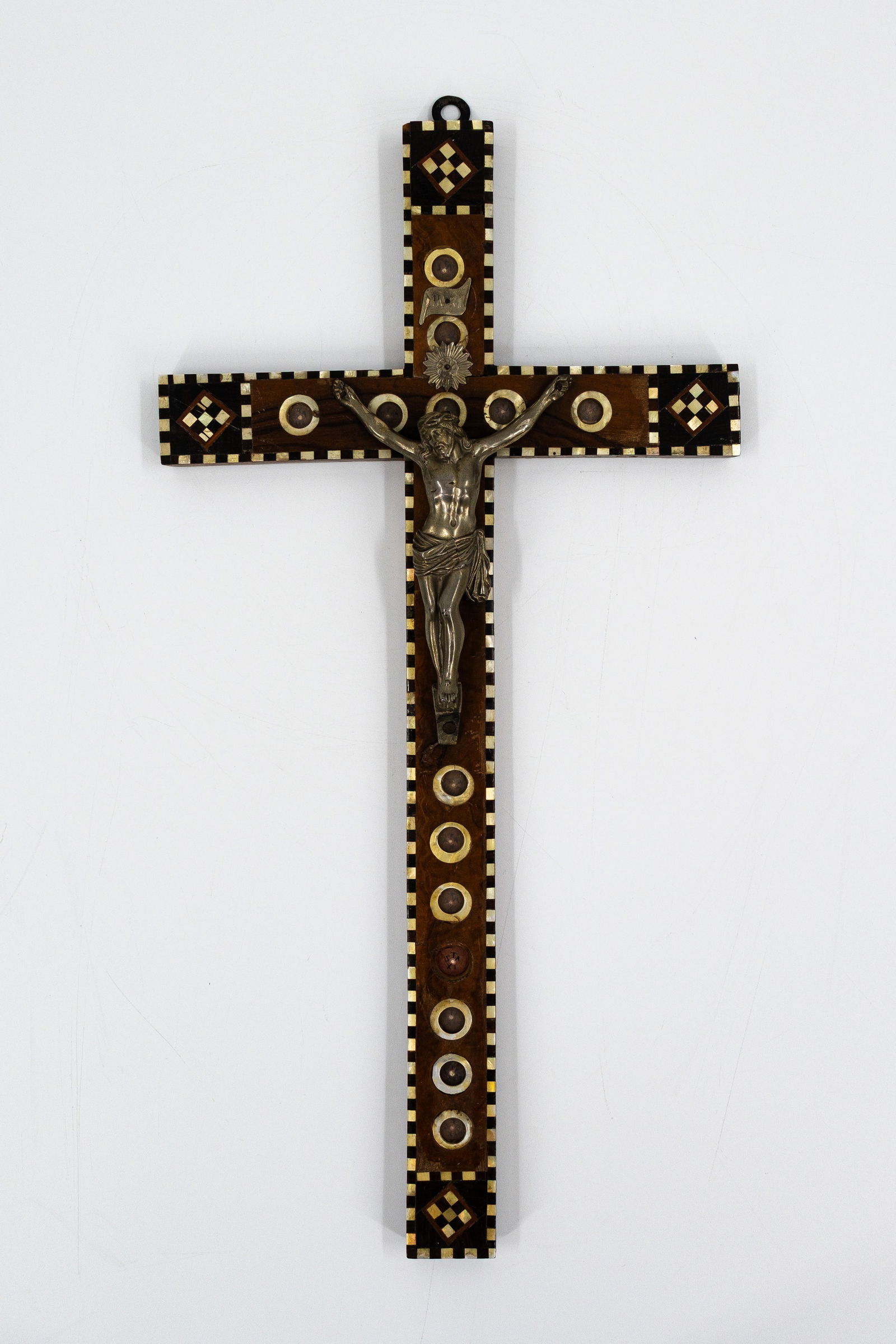 A large and antique religious cross-shaped relic holder with various theca (1 of 6)