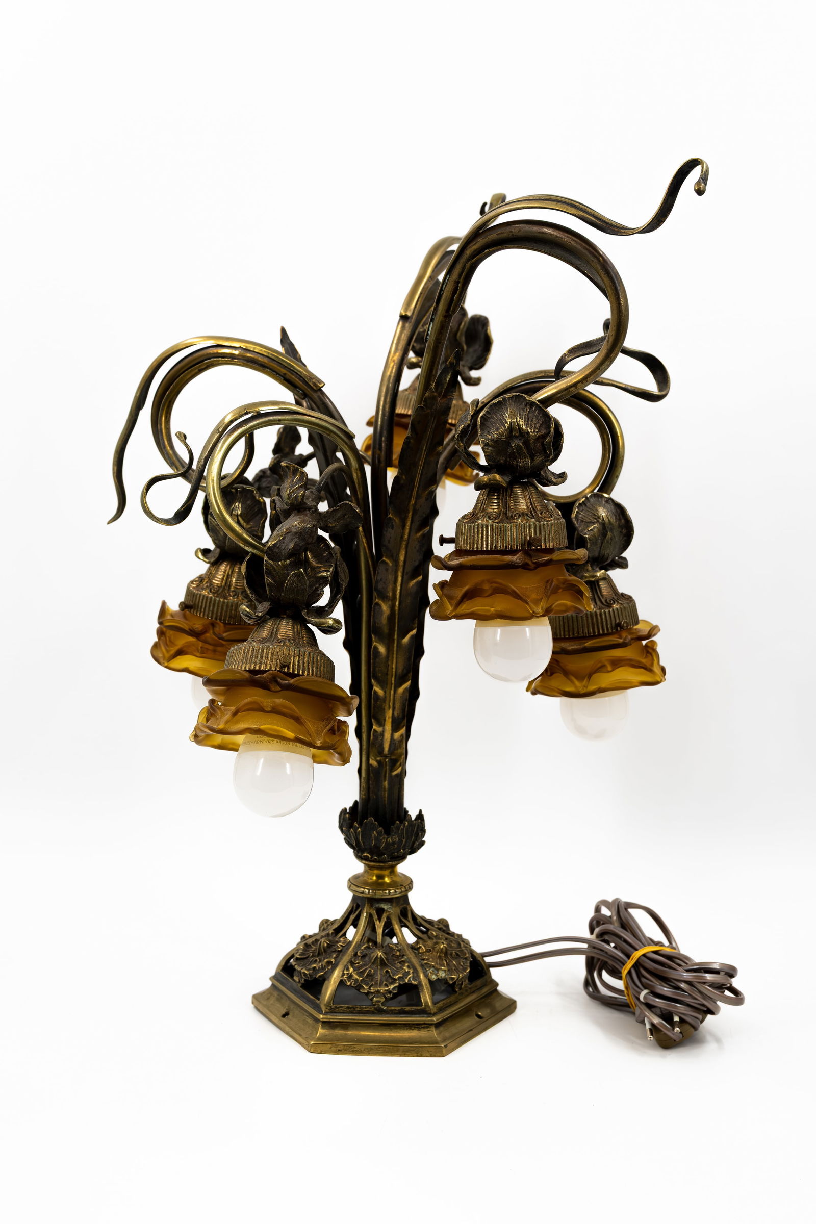 A decorated Art Nouveau bronze table lamp with five light spots and glass caps (1 of 11)