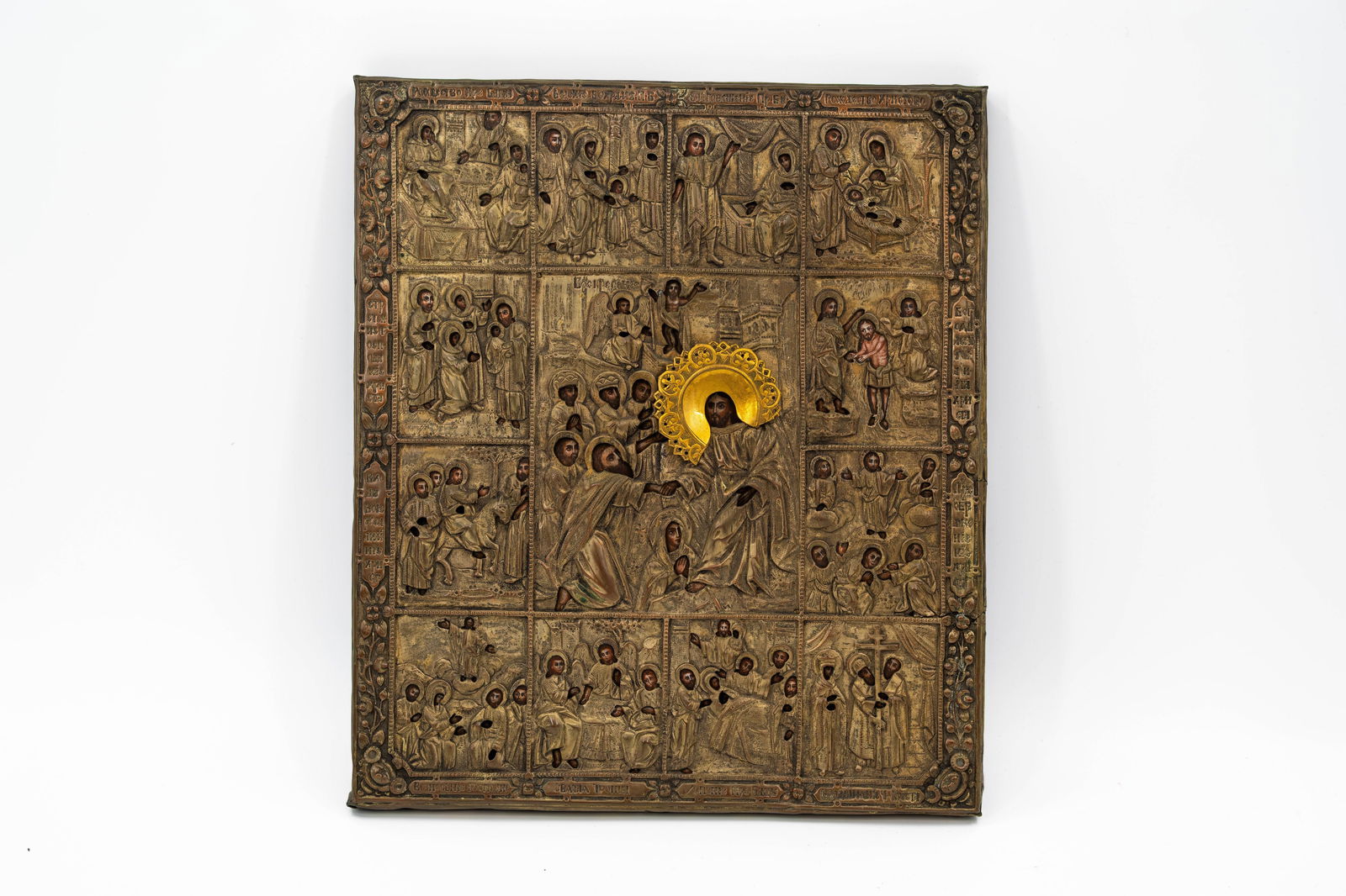 An antique Russian tempera on wood icon with decorated oklad and multi-religious scene: An antique Russian tempera on wood icon with decorated oklad and multi-religious scene. 19th century. H: 36 - W: 31 cm