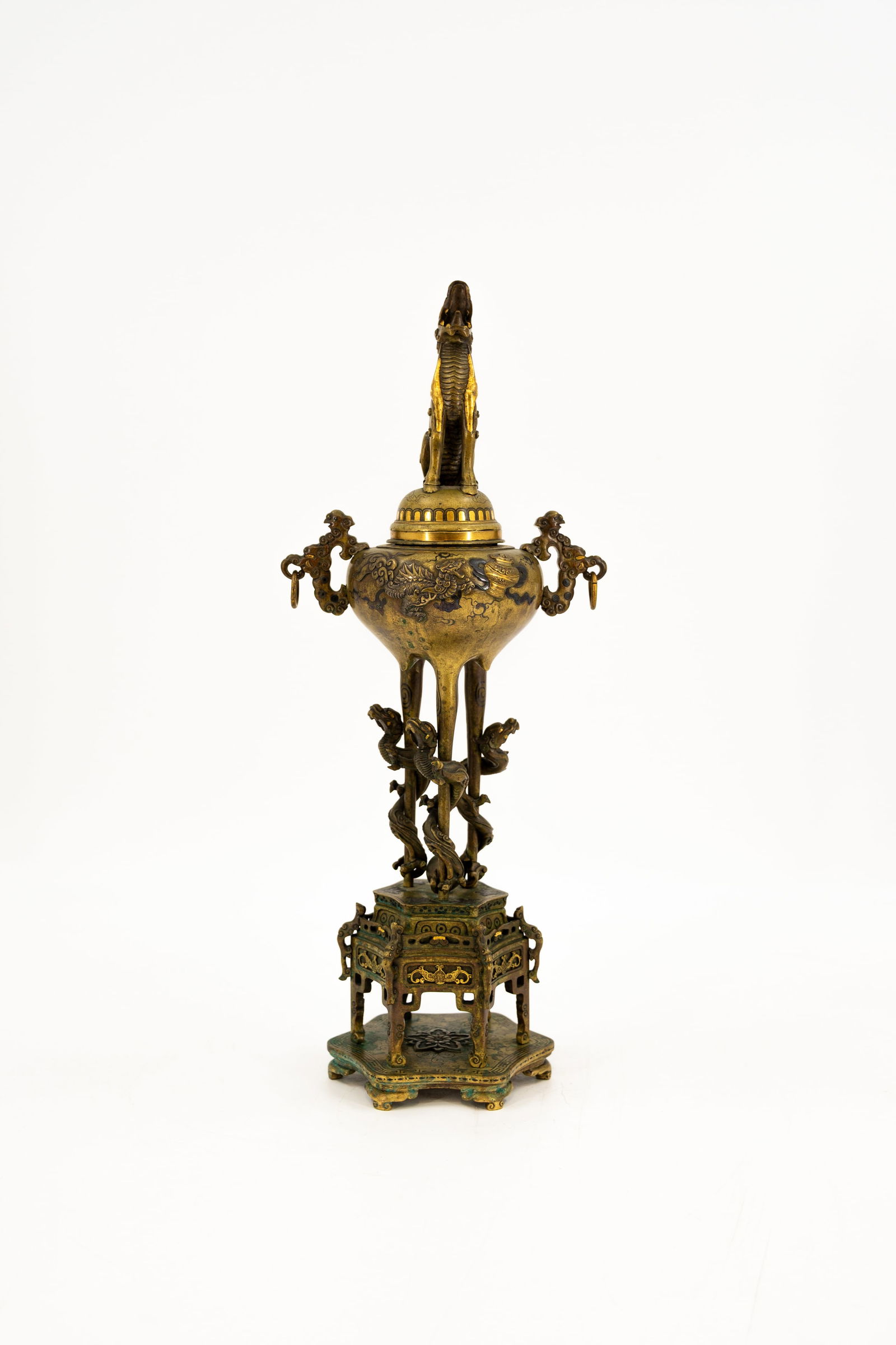 An antique Japanese multi-patinated bronze covered incense burner finely decorated in relief: An antique Japanese multi-patinated bronze covered incense burner finely decorated in relief. Meiji period, (1868-1912). H: 38 cm