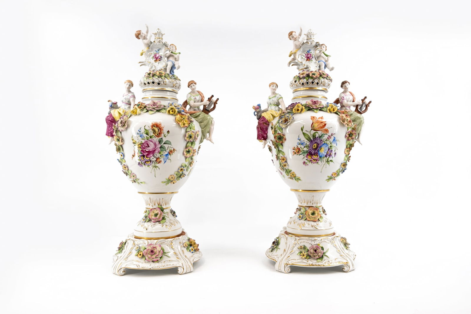 A pair of large German 20th century Schierholz Plaue Saxony porcelain footed and covered urn vases (1 of 10)