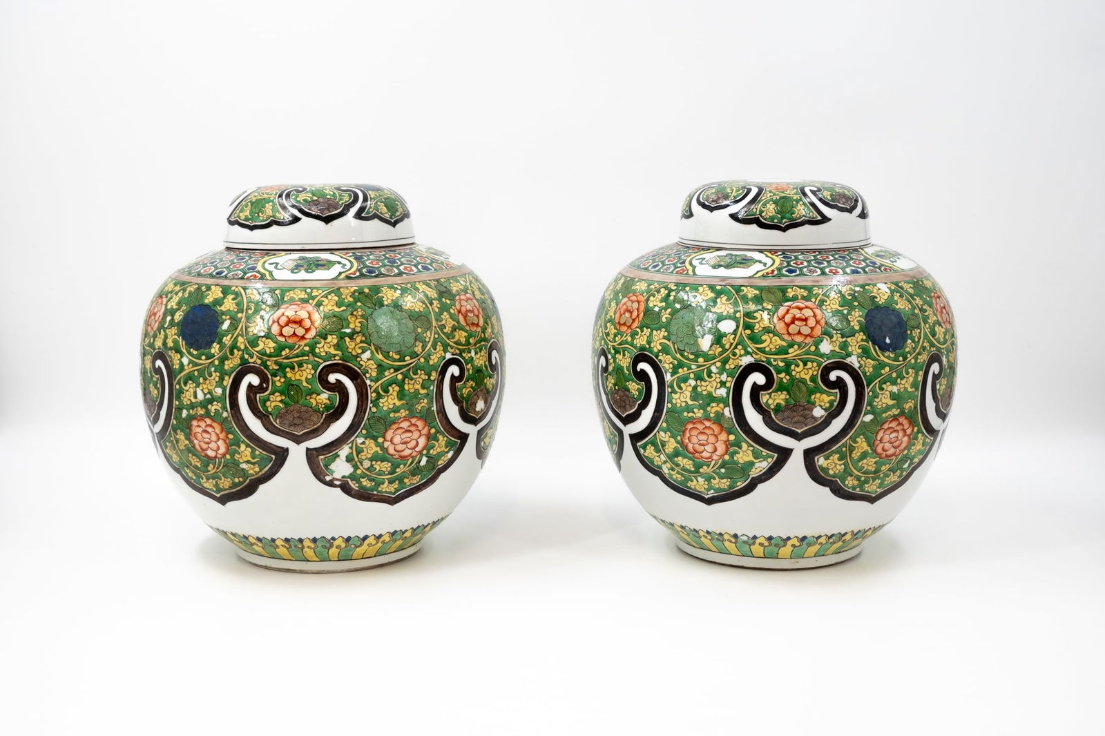 A pair of large Chinese Famille verte style French Samson florally decorated covered porcelain vases (1 of 10)