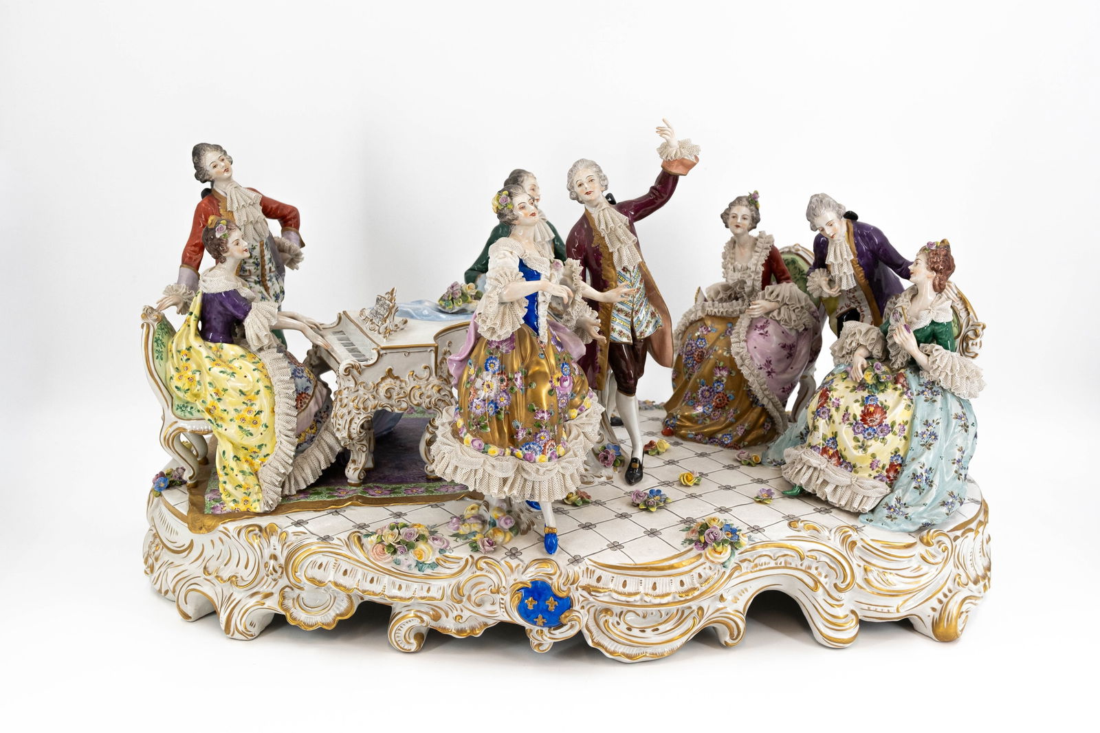 A large German Volkstedt musical rococo figural porcelain group with eight gallant figures (1 of 12)