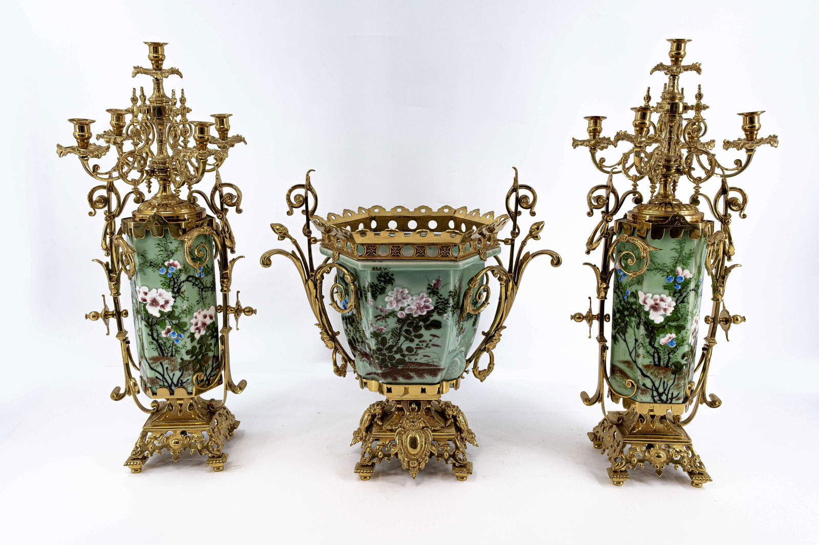 An imposing and antique gilt bronze mounted Japanese celadon porcelain decorated mantel set (1 of 14)