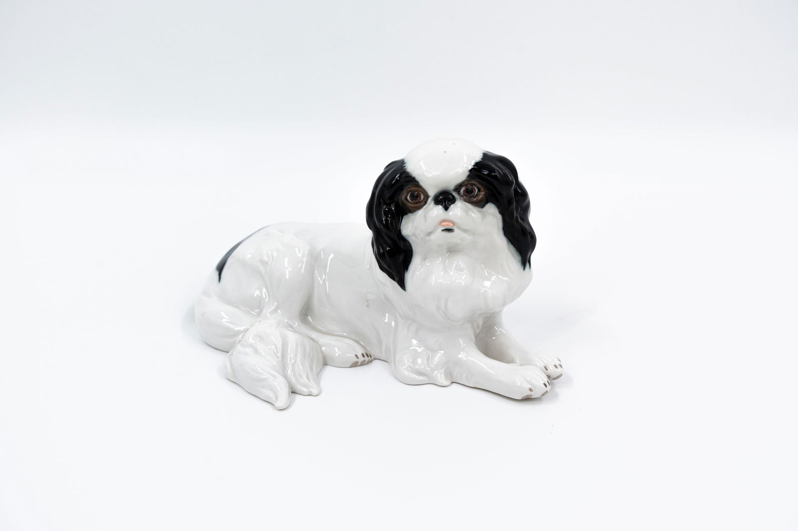 A German Meissen decorated porcelain figure of a Japanese Chin dog: A German Meissen decorated porcelain figure of a Japanese Chin dog. Blue crossed-swords mark and numbered V149. 20th century. H: 10,5 - W: 19,5 cm