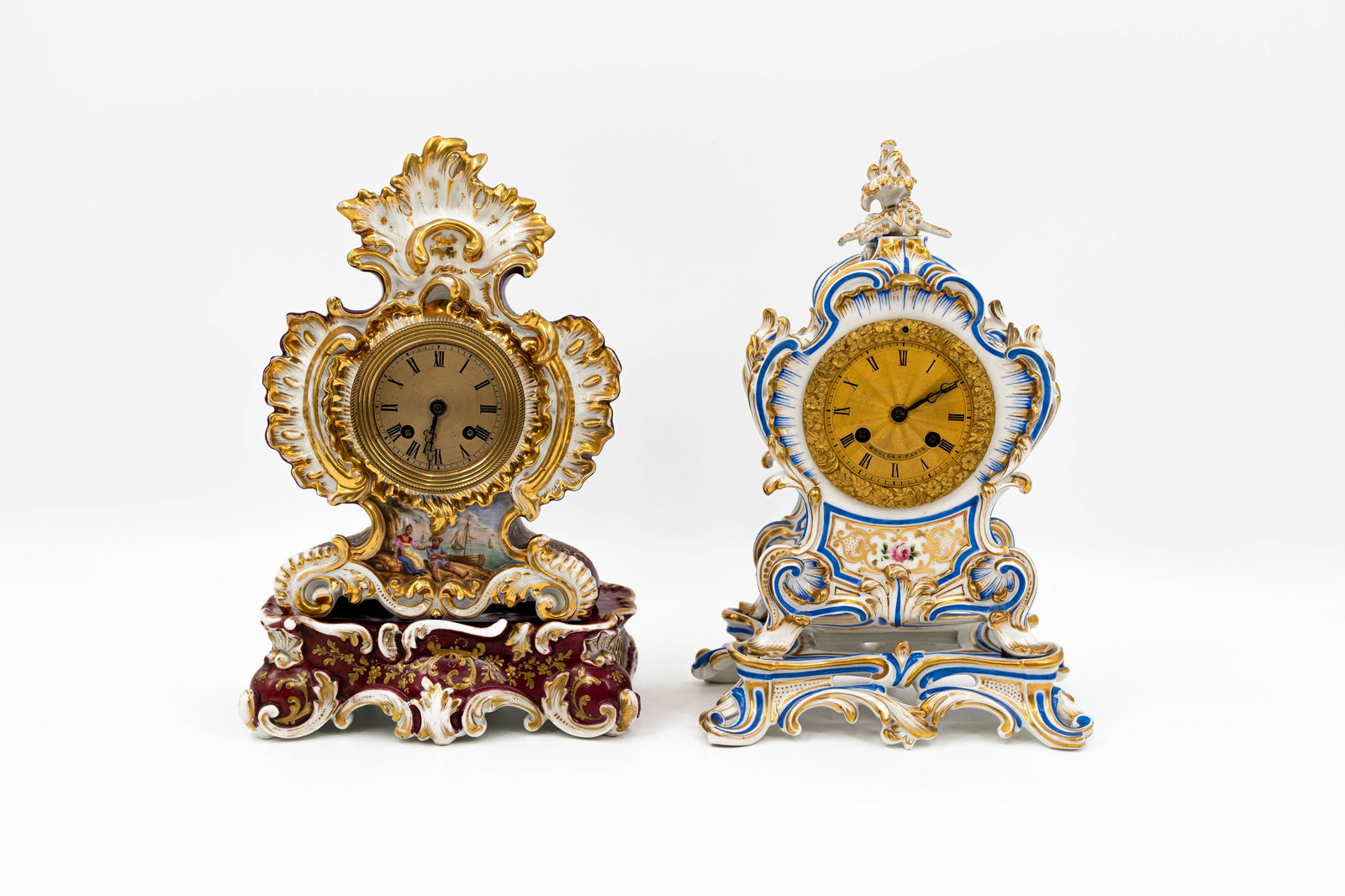A lot of two antique French and richly decorated porcelain mantel clocks (1 of 16)