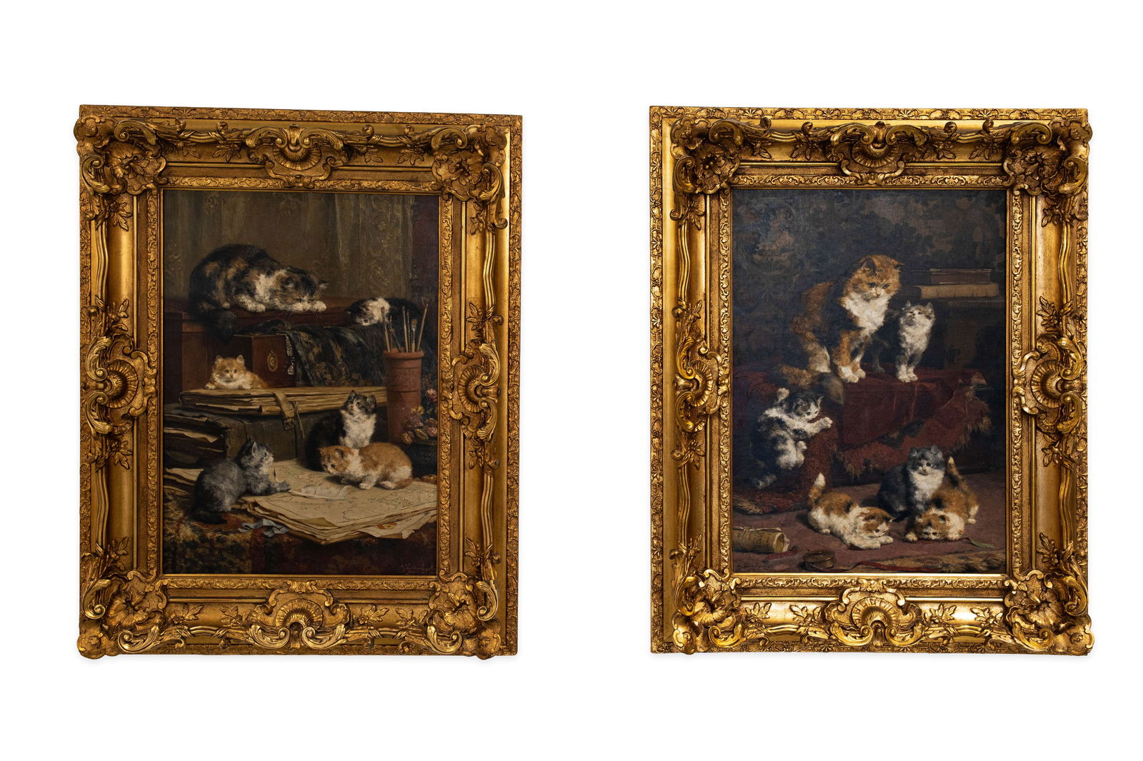 Charles VAN DEN EYCKEN (1859-1923) "Cats and Kittens in the Atelier", two large oil on canvas (1 of 5)