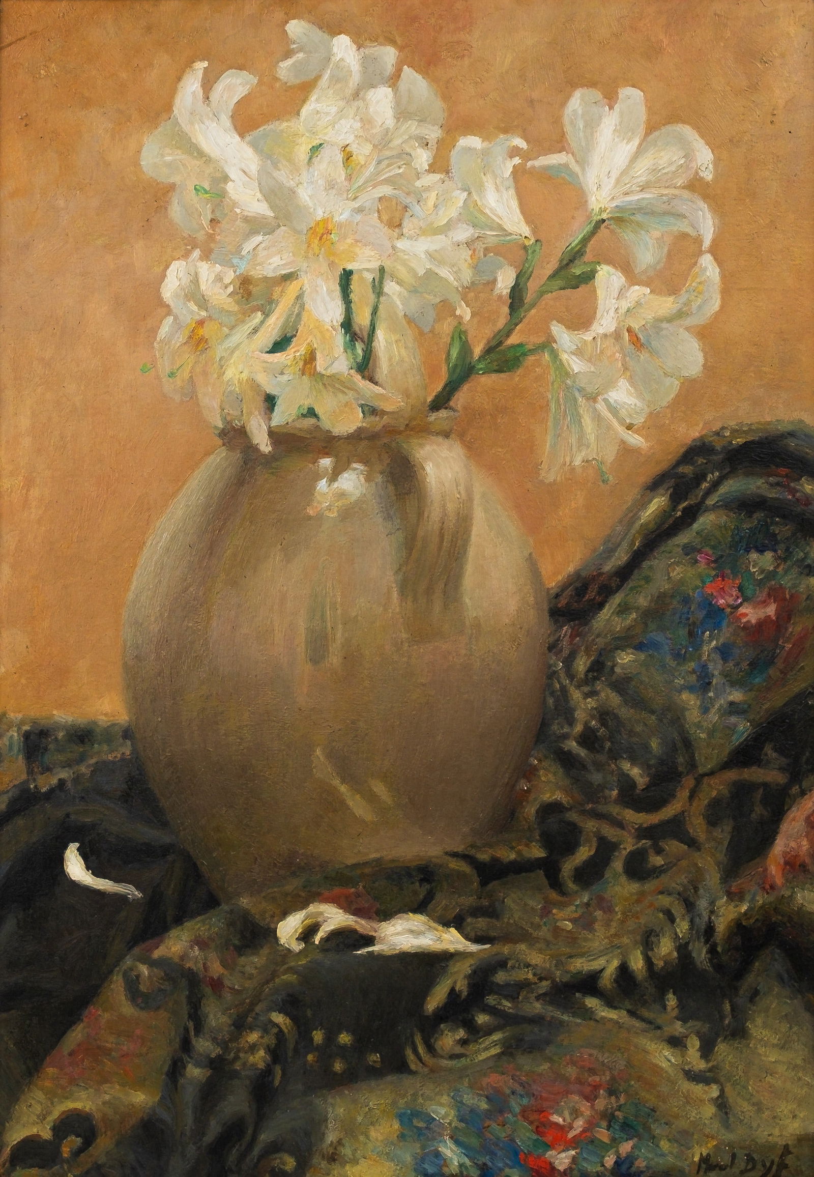 Marcel DYF (1899-1985) A large French oil on board still life painting of daffodils in a jug: Marcel DYF (1899-1985) A large French oil on board still life painting depicting daffodils arranged in an earthenware jug, placed near a patterned carpet. Signed lower right. First half of the 20th