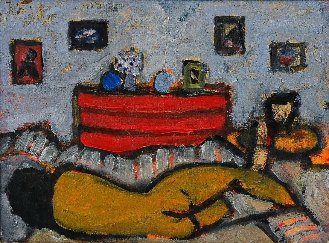 Duro PULITIKA (1922-2006) - A Croatian oil on panel painting of a posing nude in an interior scene: Duro PULITIKA (1922-2006) - A Croatian oil on panel painting of a posing nude in an interior scene. Signed on the back with "Dubrovnik - Zamanjina 12." Late 20th century. H: 24,5 cm - W: 18