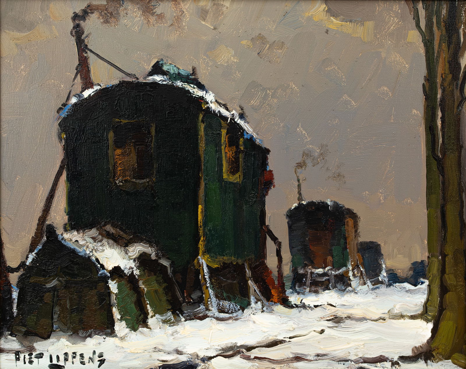 Piet LIPPENS (1890-1981) An oil on canvas painting depicting caravans in the snow (1 of 6)