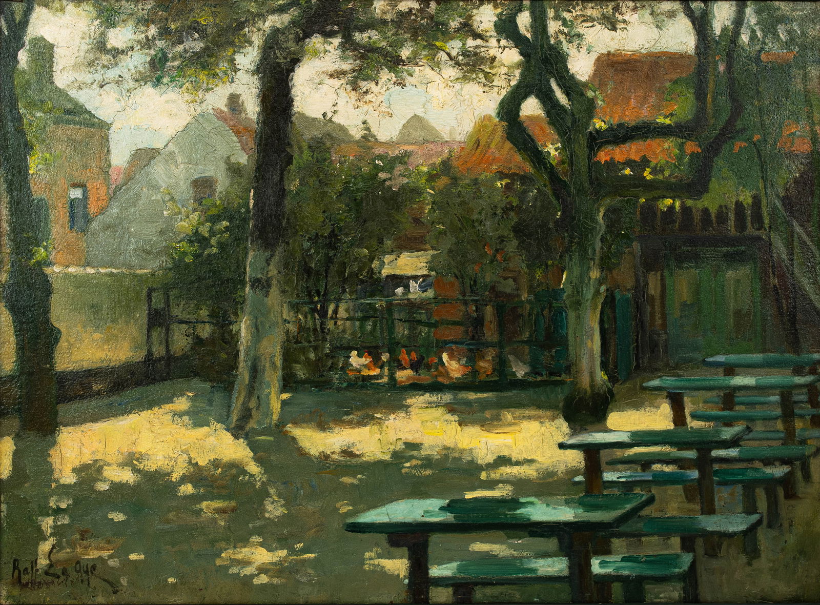 Raphaël LAGYE (1862-1952) "Cour ensoleillée", a Belgian oil on panel painting: Raphaël LAGYE (1862-1952) "Cour ensoleillée". A Belgian oil on panel painting. Signed, 20th century. H: 40 - W: 55 cm