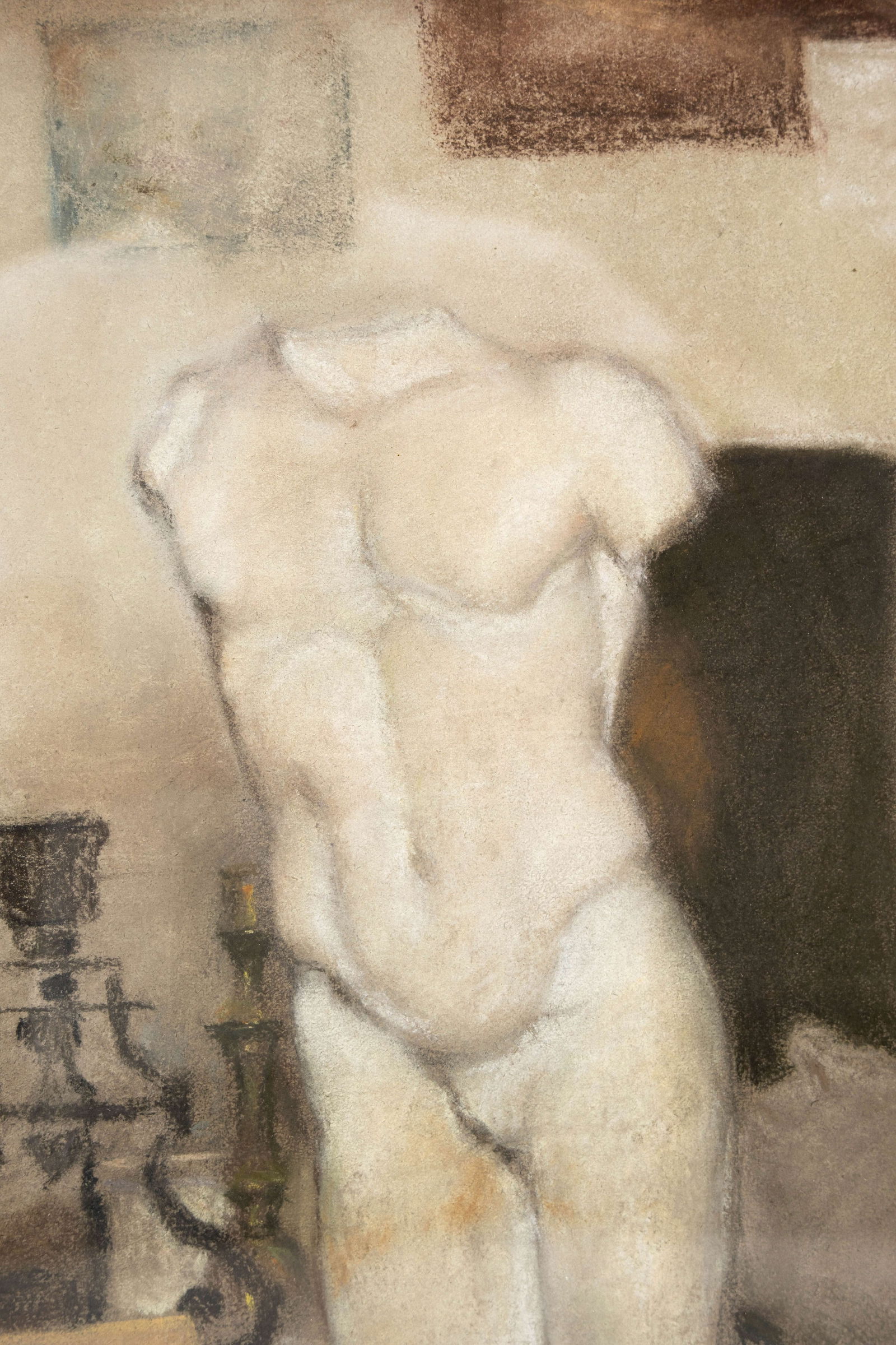 Marcel DYF (1899-1985) A pastel/gouache on paper drawing depicting a male torso in a still life: Marcel DYF (1899-1985) A pastel/gouache on paper drawing depicting a male torso in a still life scene. Unsigned, backside with hand written text of authenticity. First half 20th century. H: 38 - W: