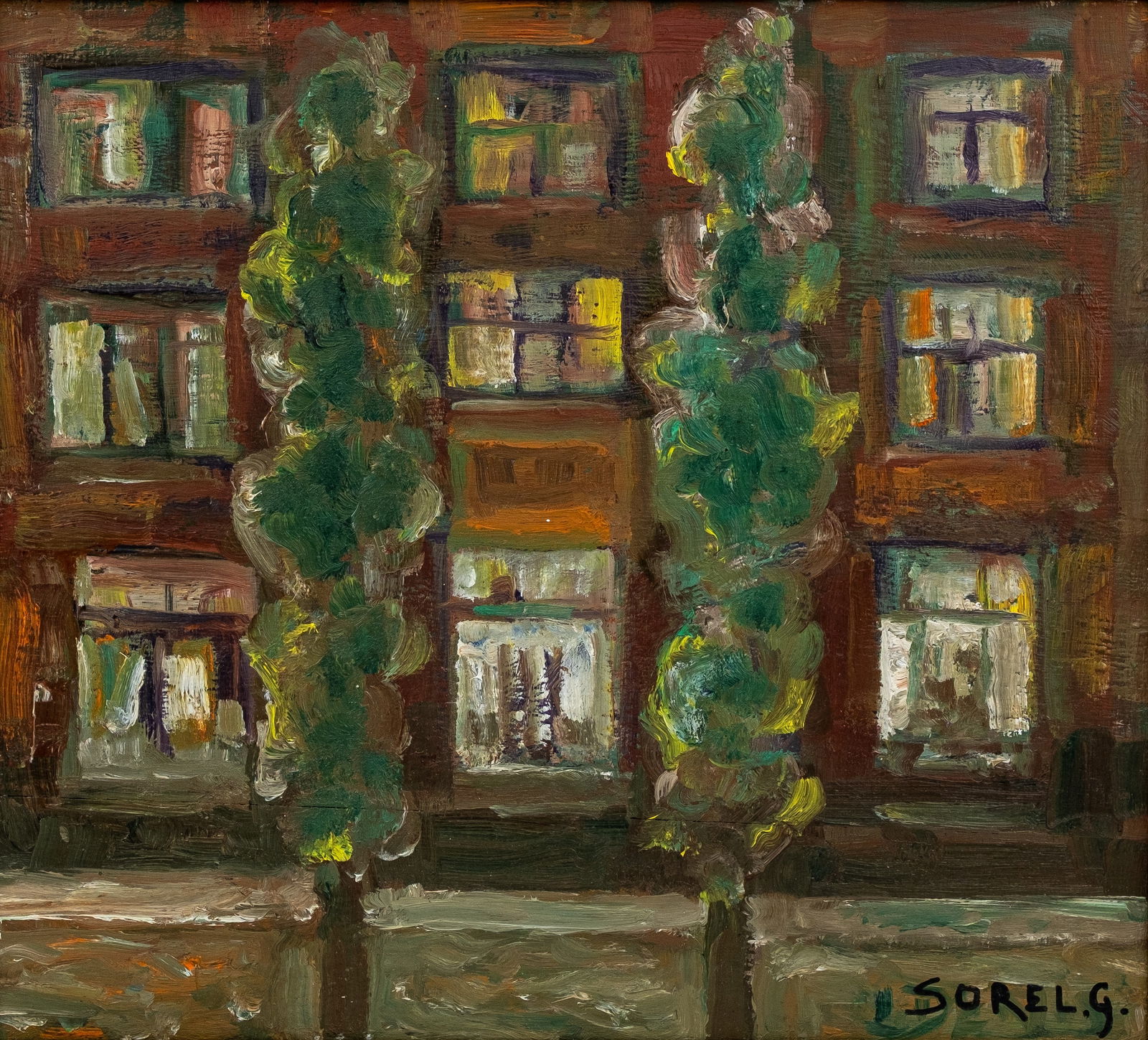 Gustave SOREL (1905-1981) An oil on panel painting depicting of trees near building: Gustave SOREL (1905-1981) An oil on panel painting depicting trees near a building. Signed lower right, 20th century. H: 40 - W: 44 cm