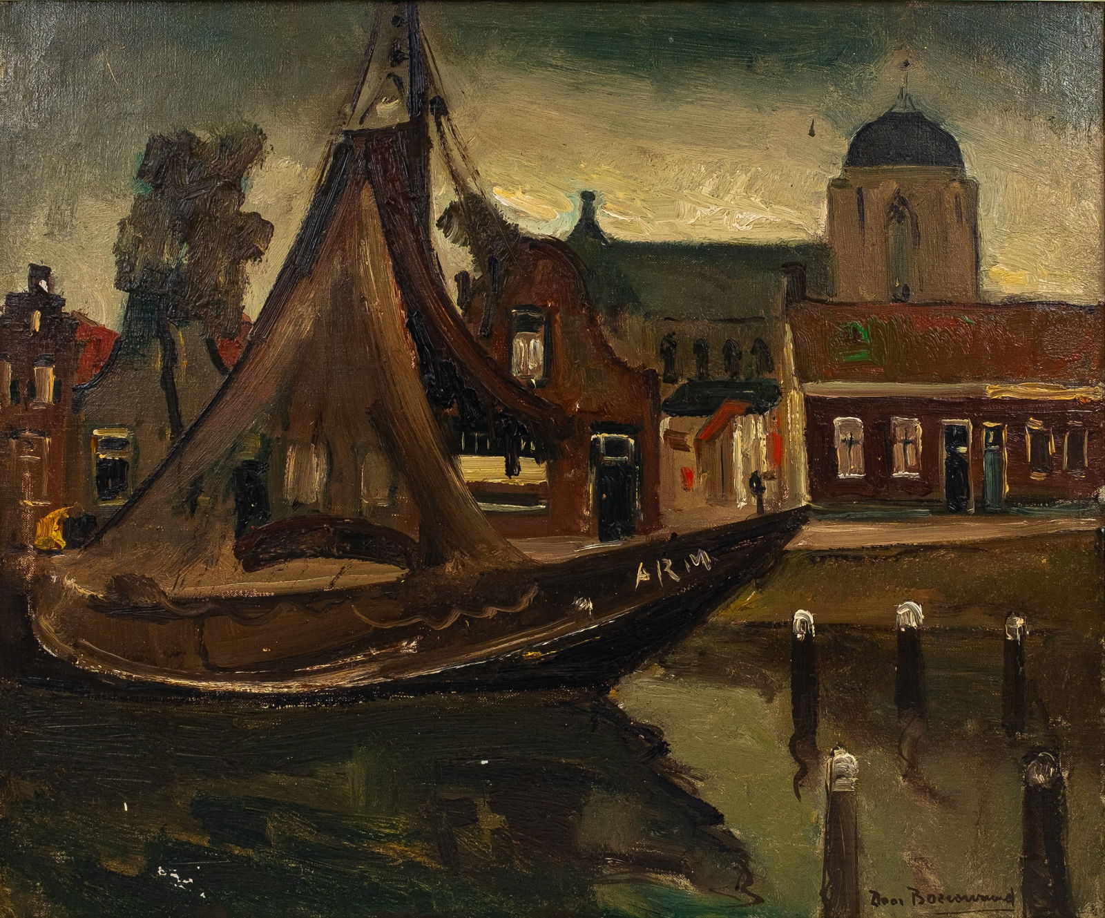 Door BOEREWAARD (1893-1972) An oil on canvas marine painting: Door BOEREWAARD (1893-1972) An oil on canvas marine painting depicting a harbor scene near the village. Signed lower right, 20th century. H: 51 - W: 60 cm