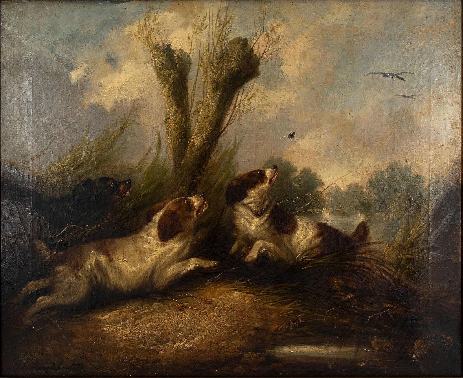 In the manner of Henry SCHOUTEN (1857/64-1927). An antique oil on canvas painting of hunting dogs (1 of 7)