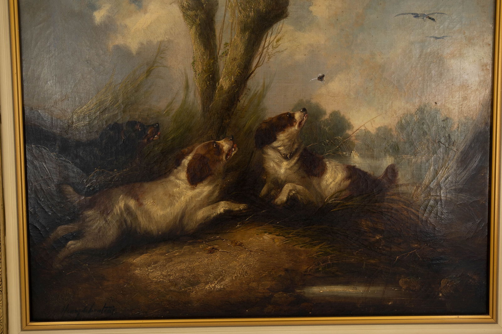 In the manner of Henry SCHOUTEN (1857/64-1927). An antique oil on canvas painting of hunting dogs - 4