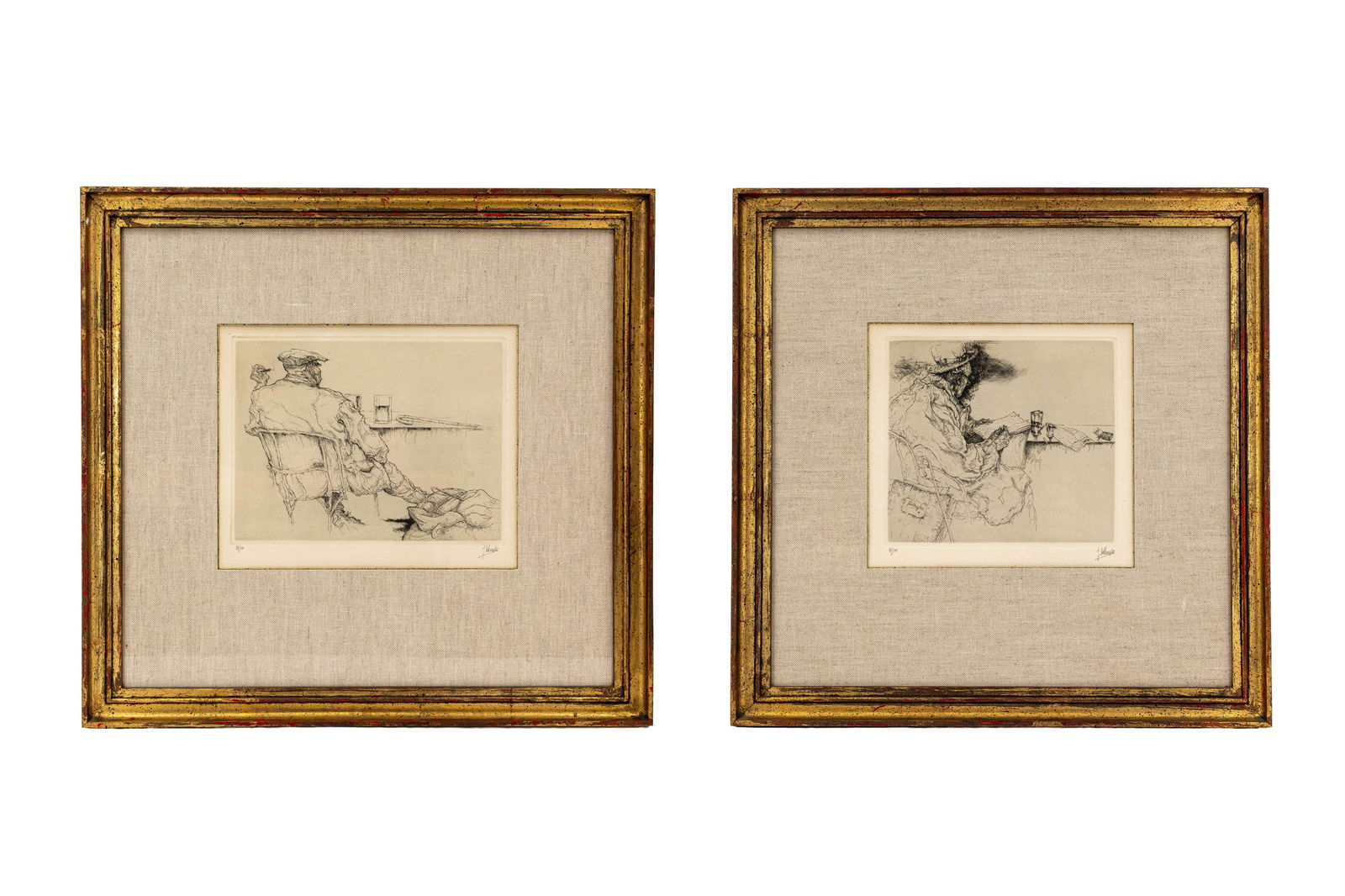 Jules DEBRUCKER (1870-1945) A lot of two Belgian etching on paper: Jules DEBRUCKER (1870-1945) A lot of two Belgian etching on paper representing a scene with a figure. Signed in the plate and hand written lower right, numbered 67/100. 20th century. H: 22 -