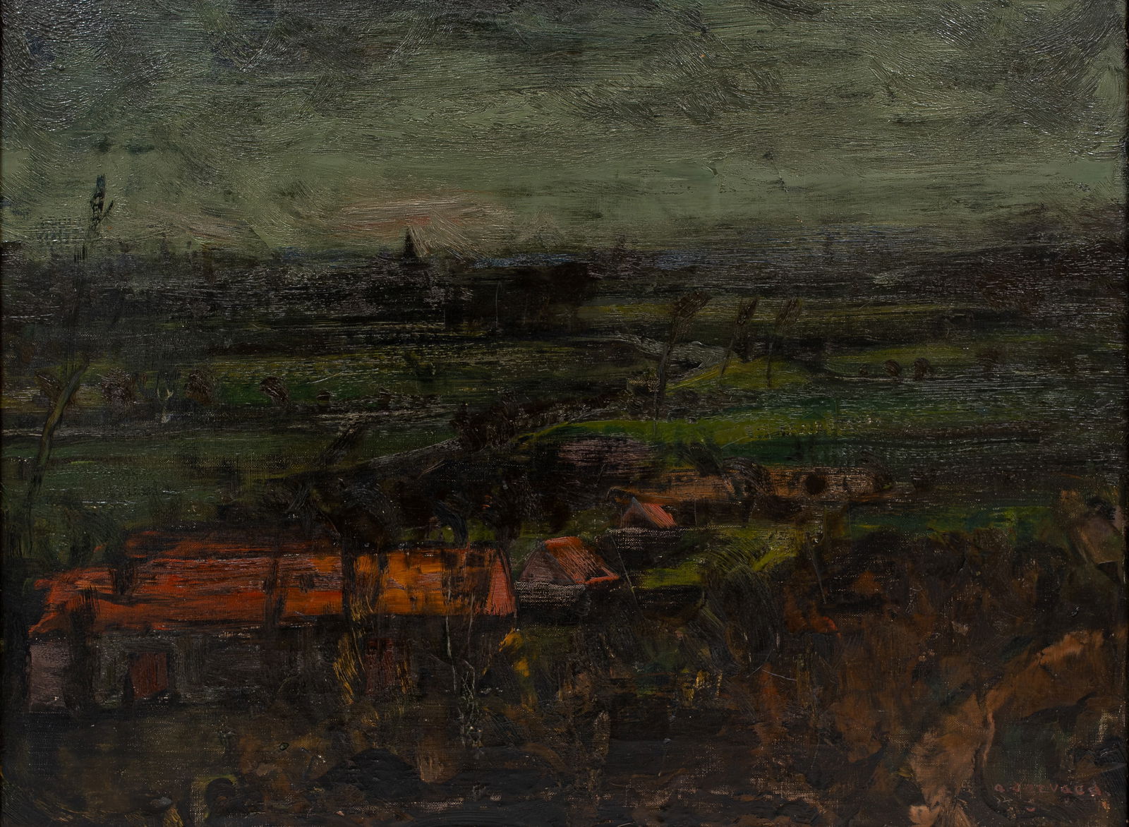 Albert SERVAES (1883-1966) An oil on canvas painting depicting a village view by evening: Albert SERVAES (1883-1966) An oil on canvas painting depicting a village view by evening. Signed, first half 20th century. H: 47 - W: 63 cm