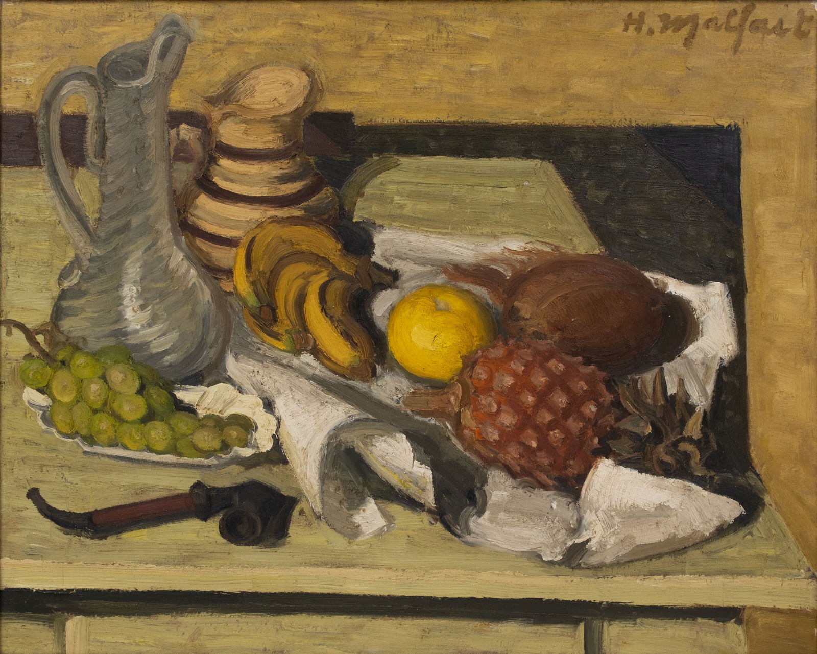 Hubert MALFAIT (1898-1971) An oil on canvas painting of a still life view at the table: Hubert MALFAIT (1898-1971) An oil on canvas painting of a still life view at the table. Signed, first half 20th century. H: 65 - W: 80 cm